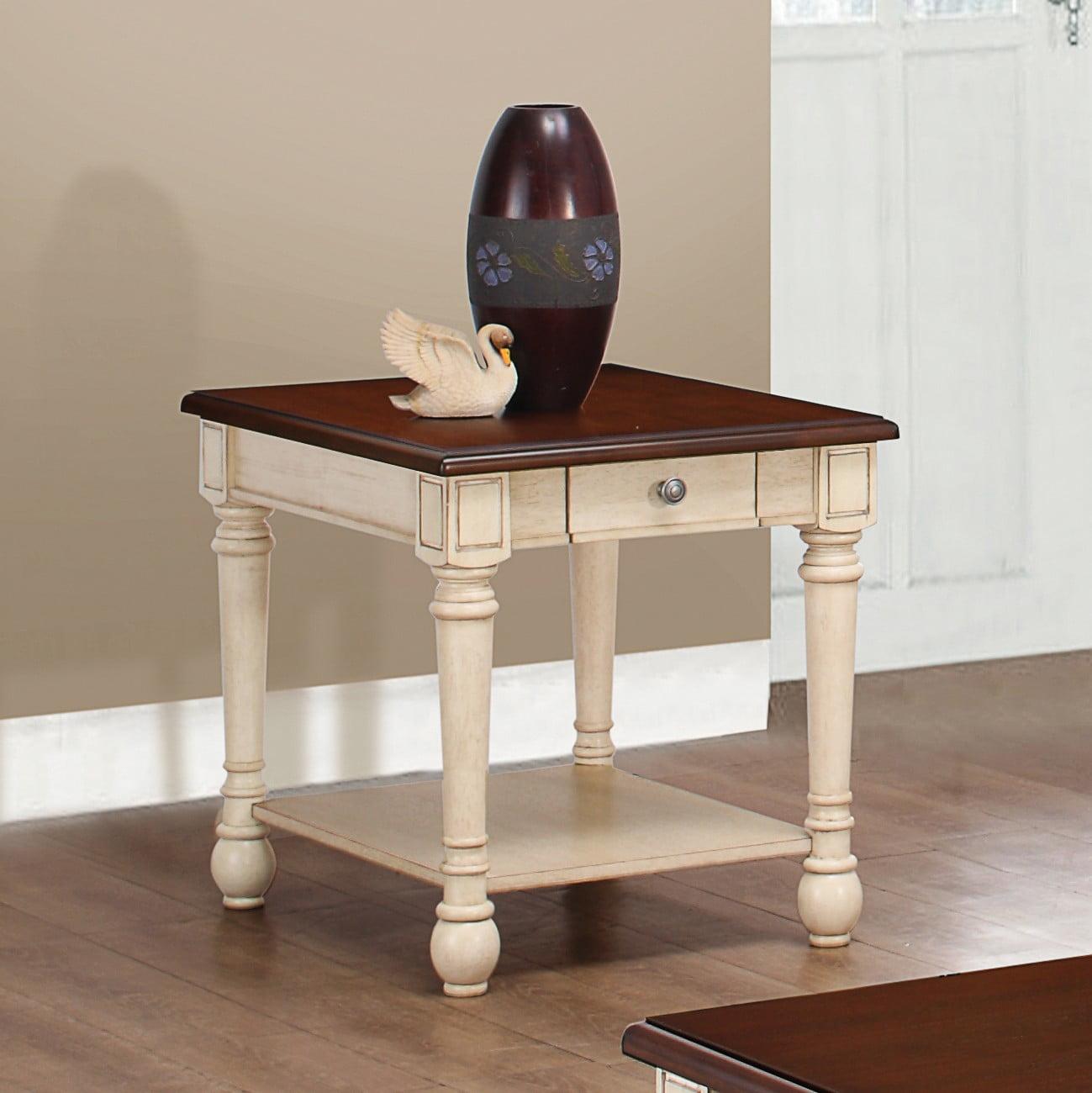 Transitional White and Brown Rectangular End Table with Storage