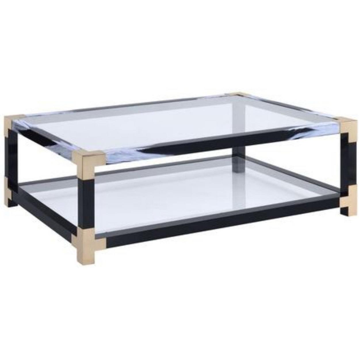 Black and Gold Rectangular Glass Coffee Table with Storage Shelf