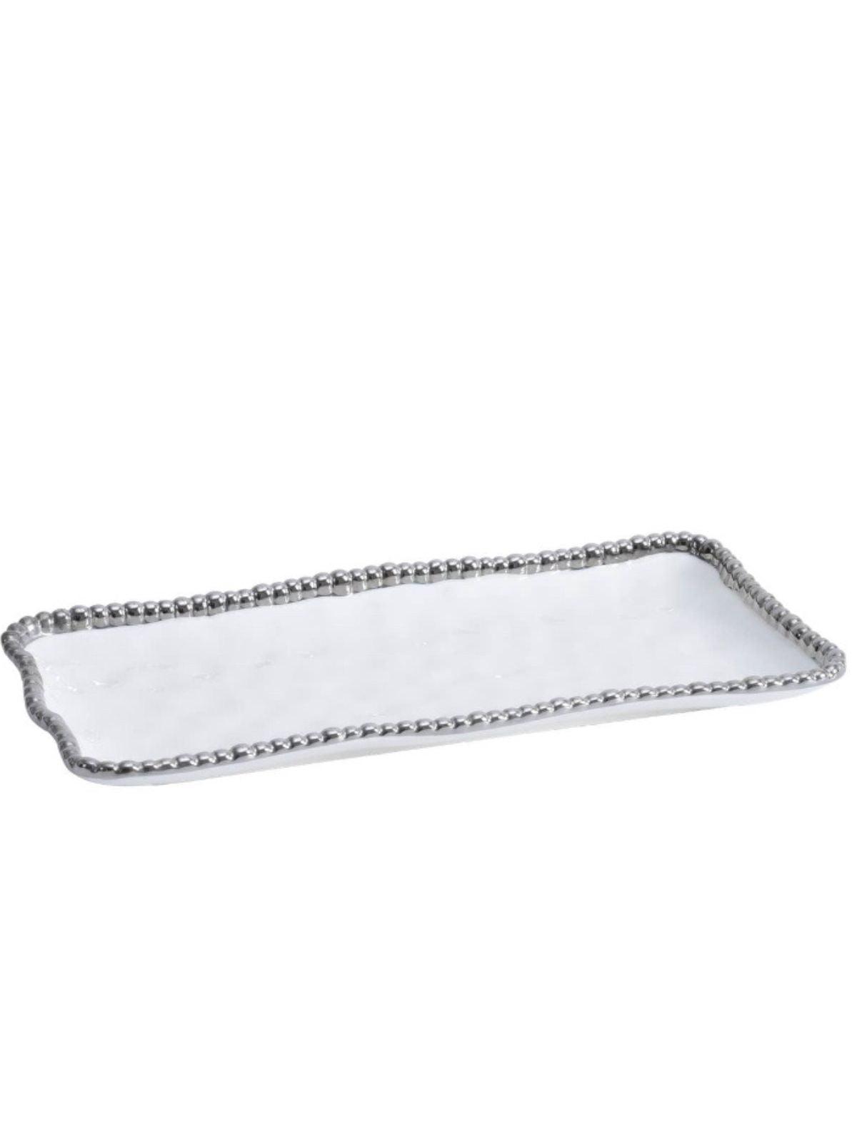 White Porcelain Rectangular Serving Tray with Silver Beaded Edges