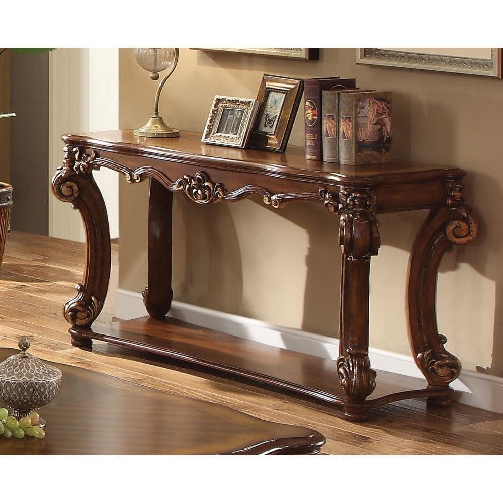 Cherry Brown Rectangular Wood Sofa Table with Scrolled Legs and Storage Shelf