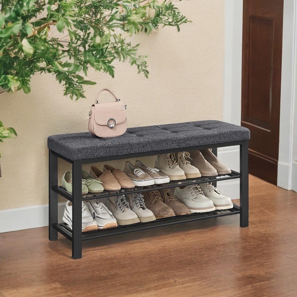 SONGMICS 3-Tier Shoe Bench - Entryway Shoe Rack with Foam Padded Seat, Linen, Metal Frame - Ideal for Living Room and Hallway