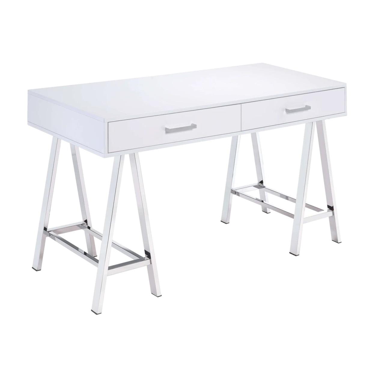 Modern White Wood Desk with Chrome Sawhorse Legs and Dual Drawers