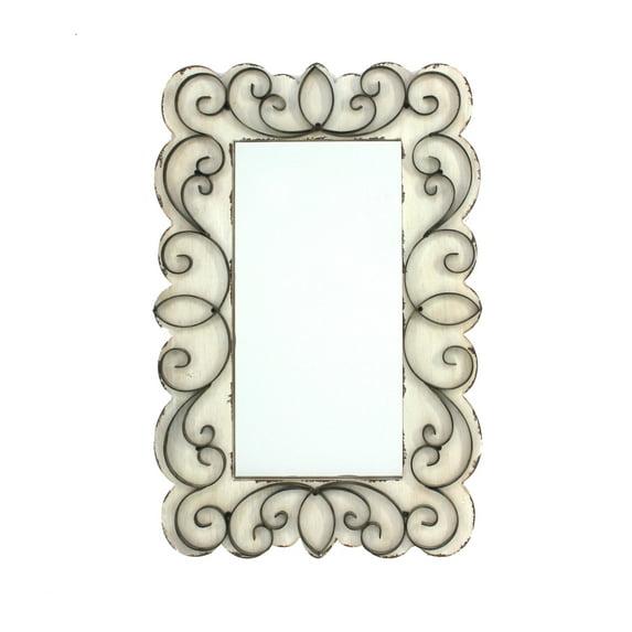 Rectangular Wall Mirror with Wooden Frame and Metal Scrolled edges, White- Saltoro Sherpi