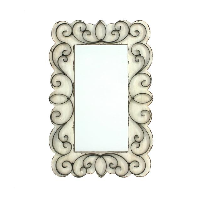 Rectangular Wall Mirror with Wooden Frame and Metal Scrolled edges, White- Saltoro Sherpi