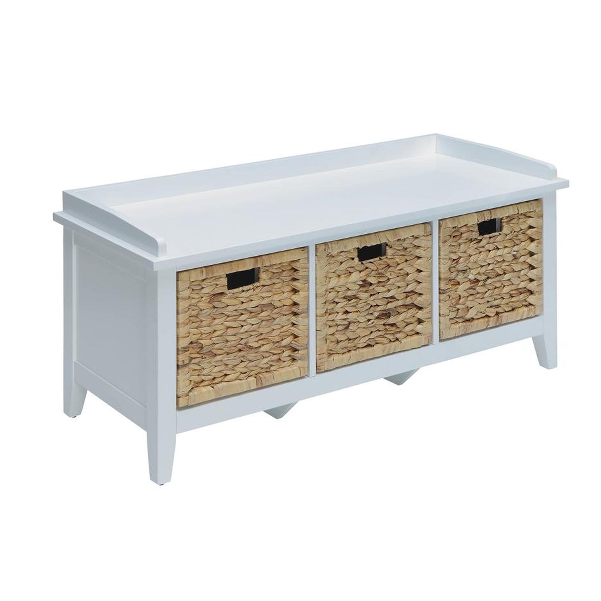 White Wood and Rattan Storage Bench with Drawers