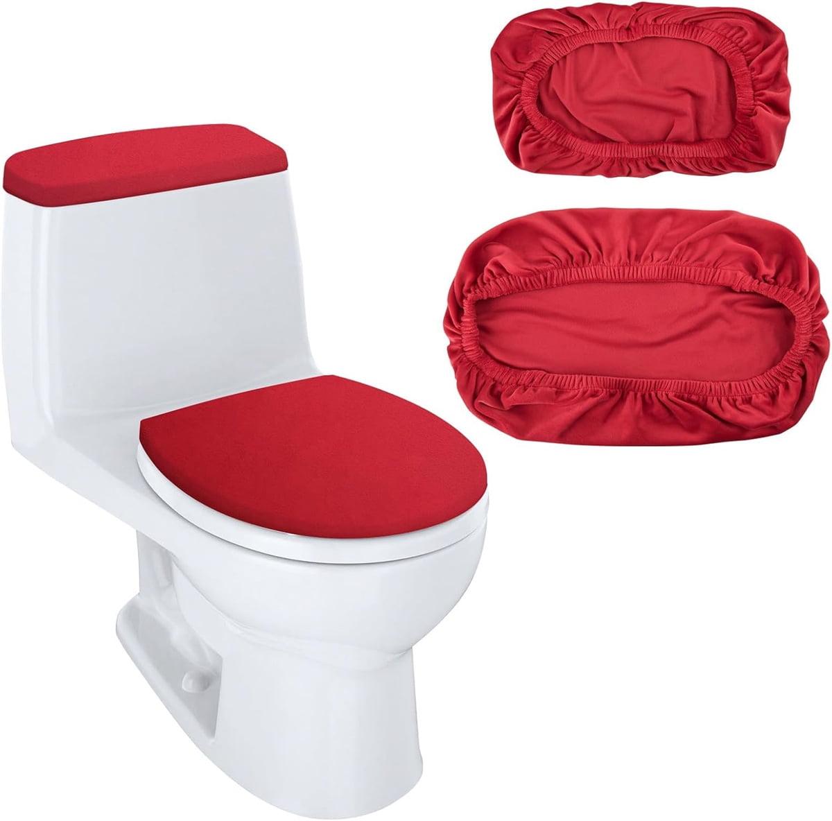 Red Bathroom Toilet Lid Seat Cover Set,Polyester Fibre Toilet Lid Cover,Elastic Bottom Cover Set,Toilet Tank Lid Cover,Machine Wash Set