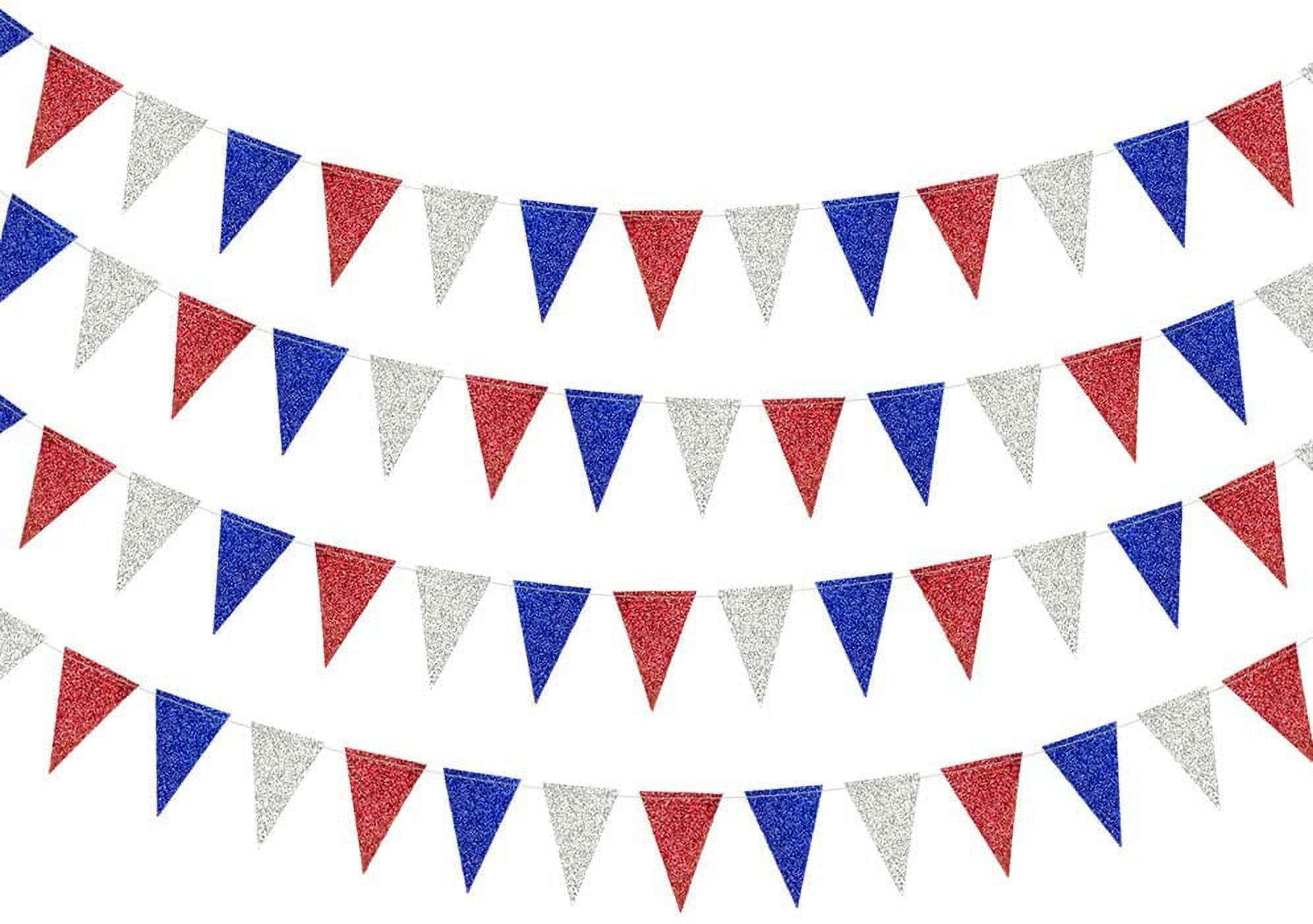 Patriotic Red Blue Silver Glitter Triangle Flag Banner Garland