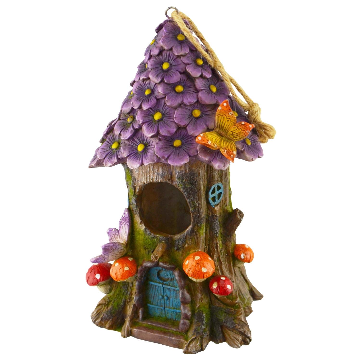 Whimsical Purple Flower and Mushroom Hanging Birdhouse