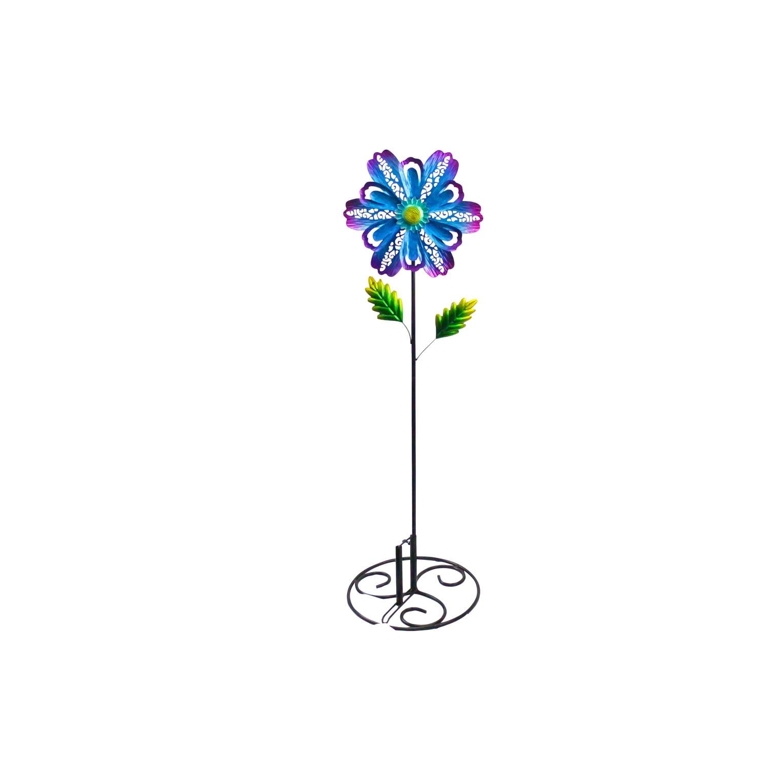 Blue Metal Flower Garden Spinner with H Stake