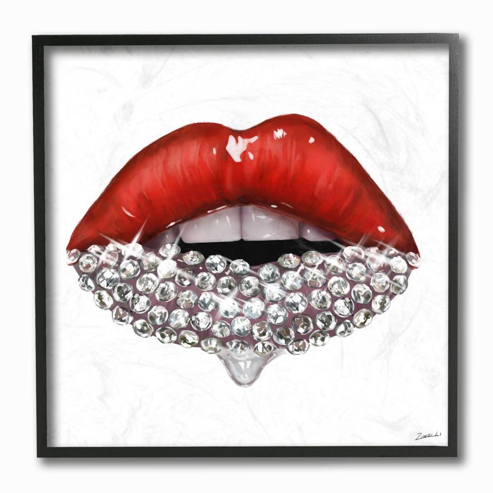 Red Glam Lips with Glistening Cosmetic Stones 12 in x 12 in Framed Painting Art Print, by Stupell Home Décor