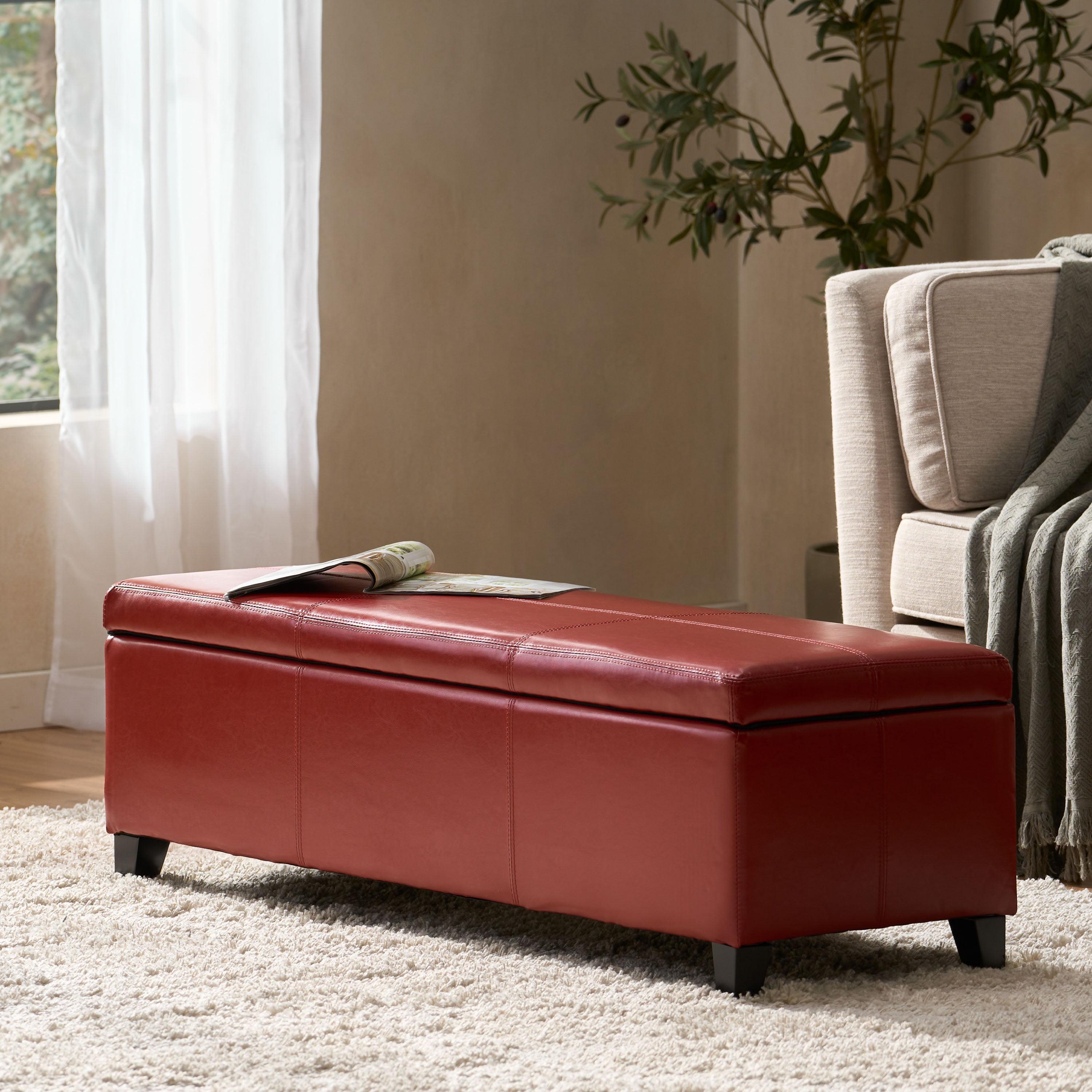 Red PU Leather Storage Ottoman Bench with Solid Wood Frame