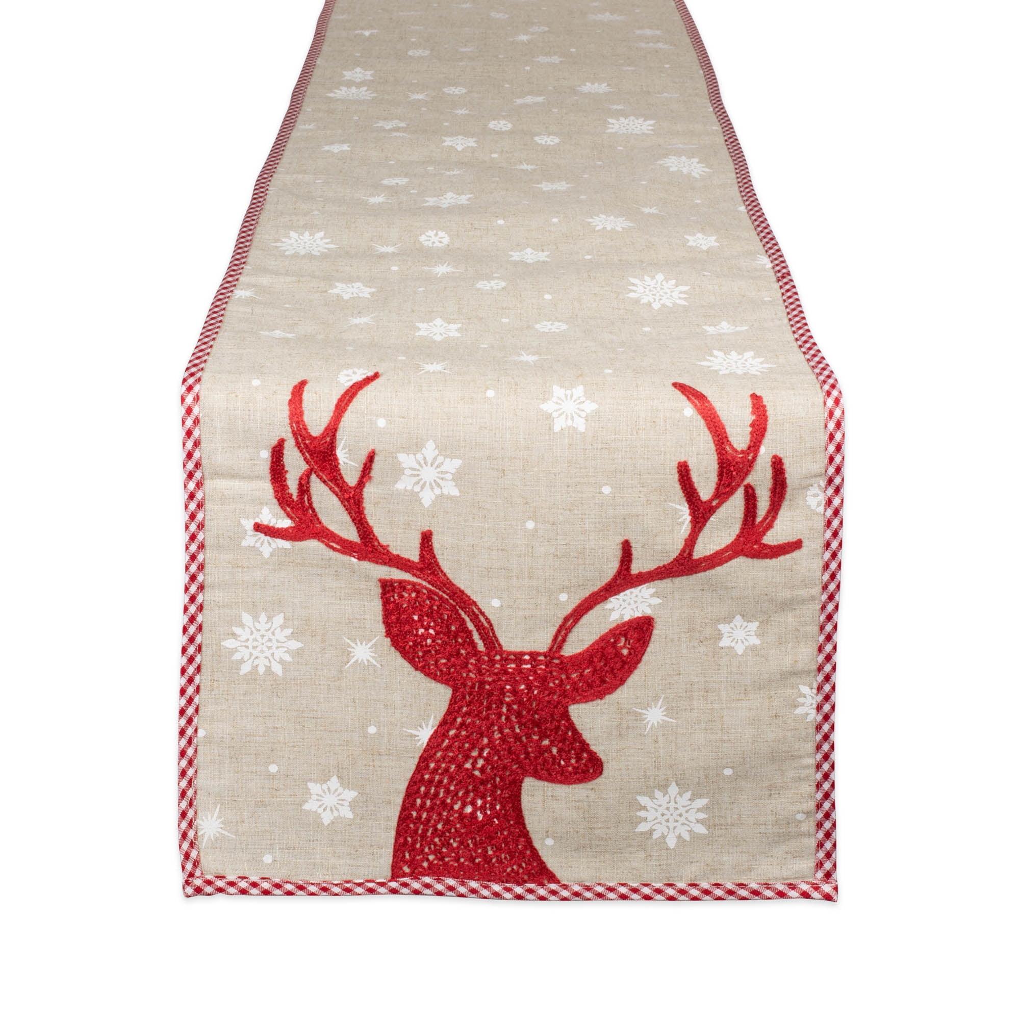 Beige and Red Reindeer Embroidered Cotton Table Runner