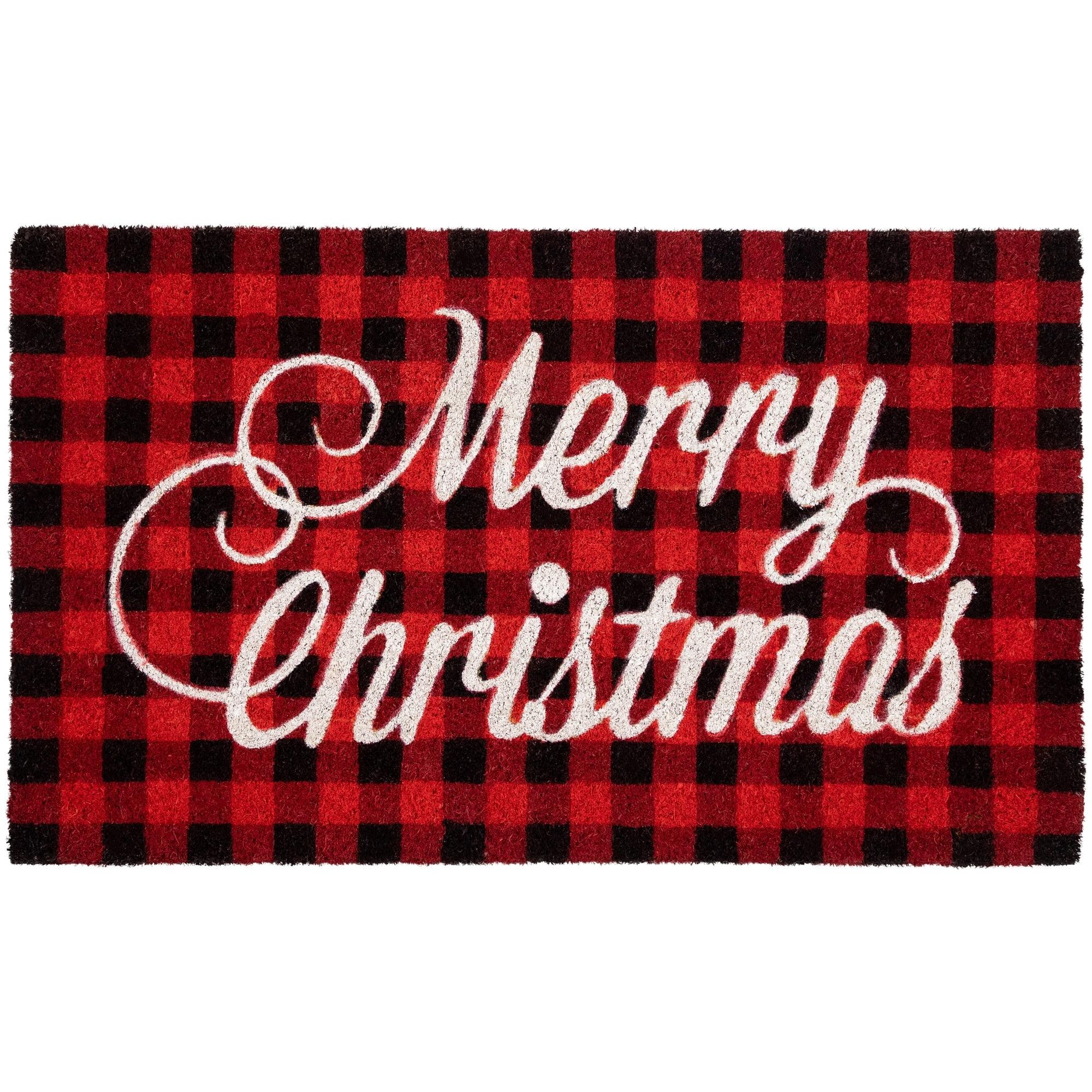 Northlight Red and Black Plaid "Merry Christmas" Natural Coir Christmas Outdoor Doormat 18" x 30"