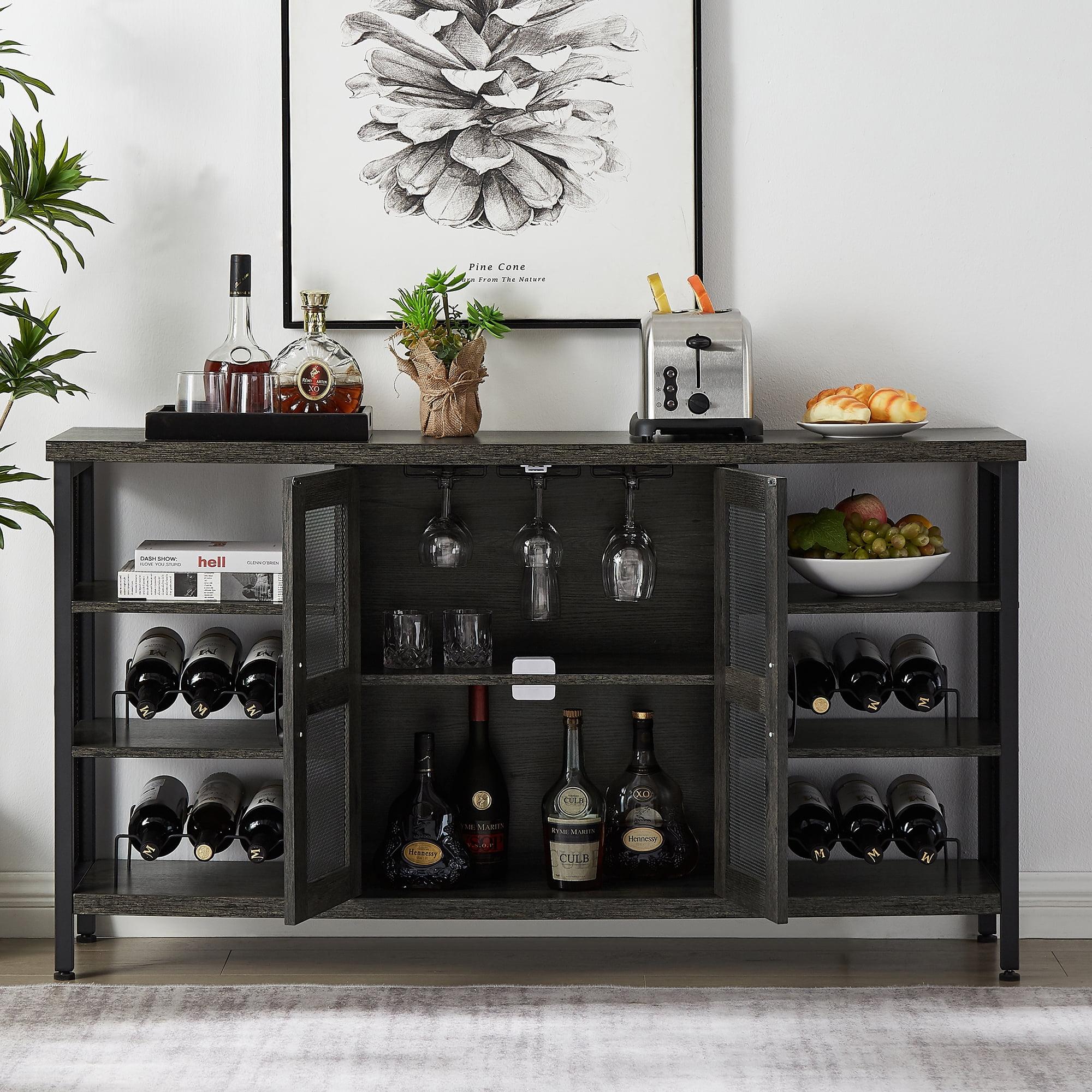 Industrial Wine Bar Cabinet，Sideboard with Wine Racks and Stemware Holder