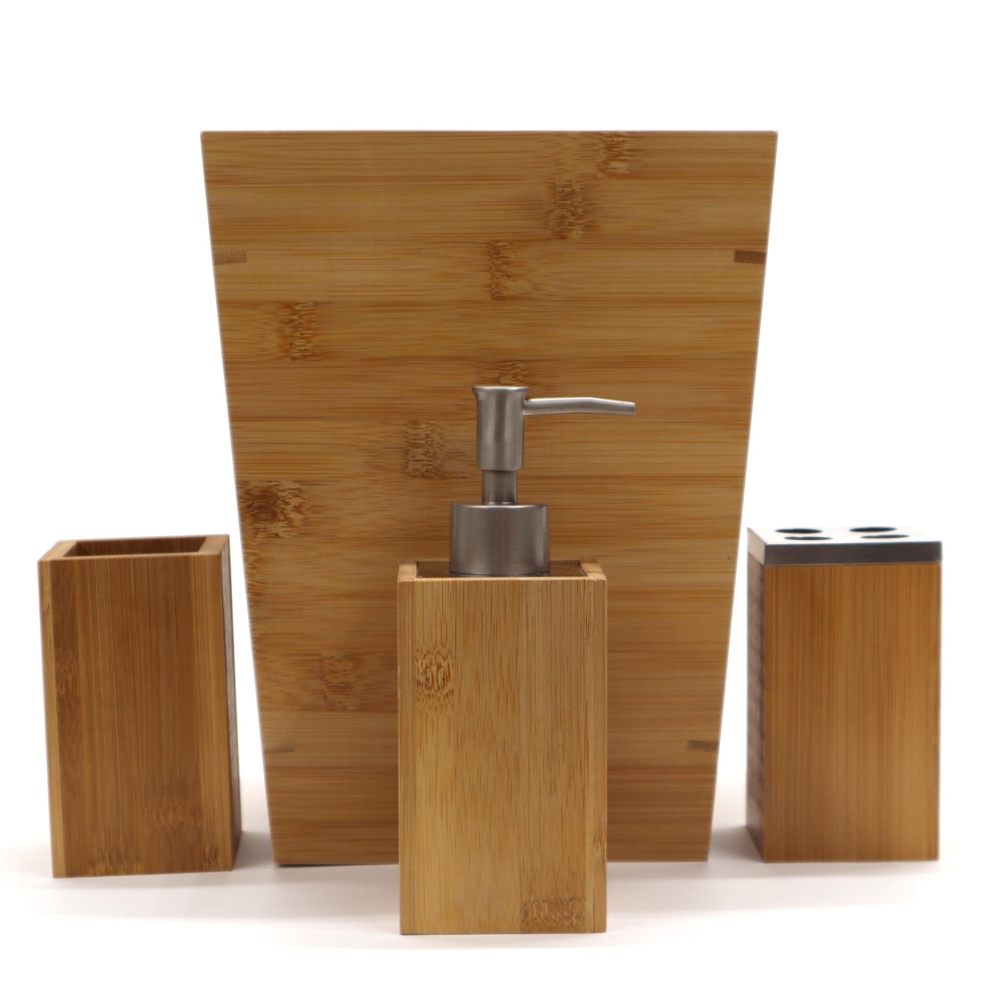 Bamboo and Brushed Aluminum 4-Piece Bathroom Accessory Set