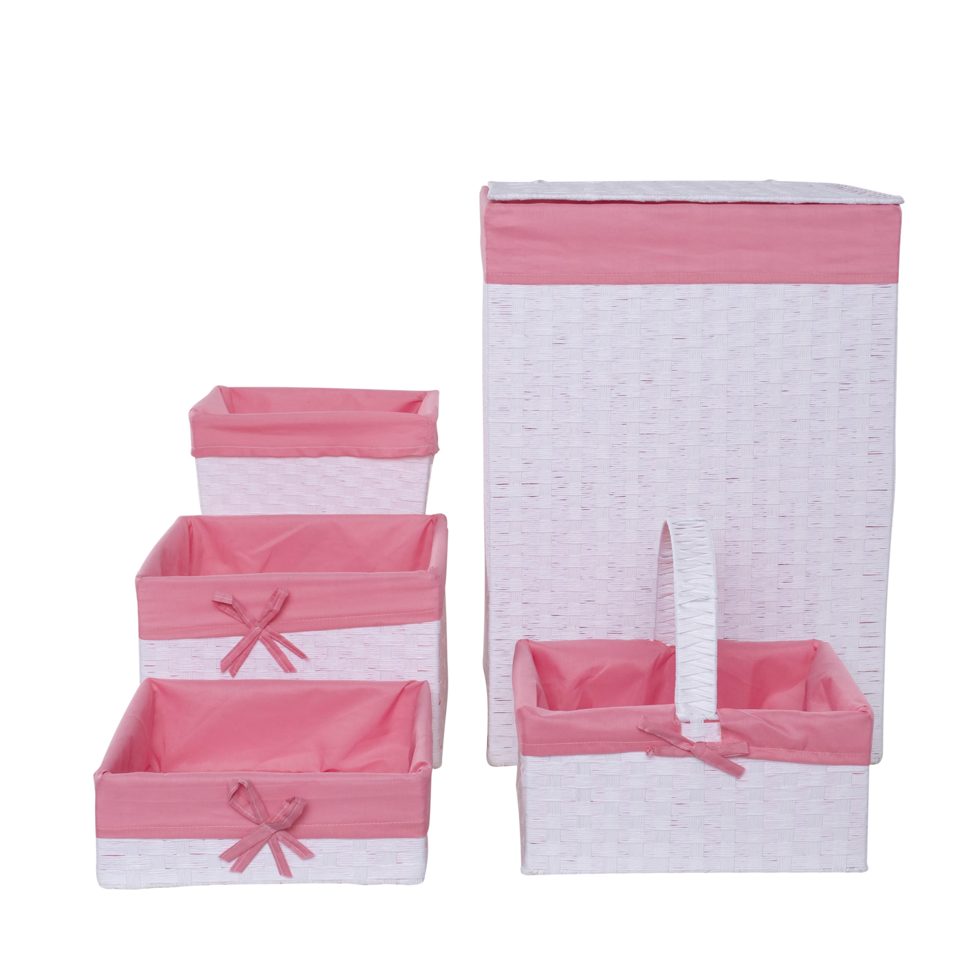 White and Pink Five Piece Weave Pattern Hamper Set