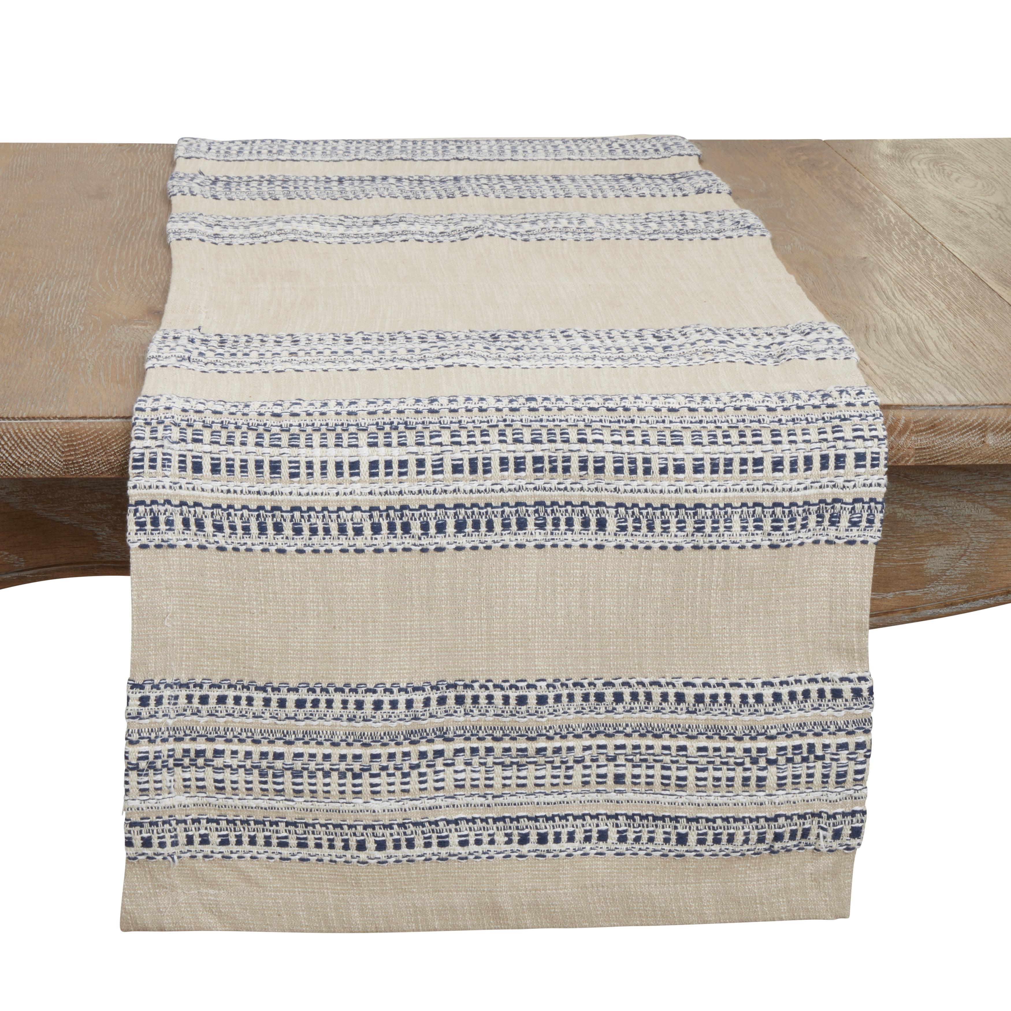 Blue and Beige Cotton Striped Table Runner, 16"x72"