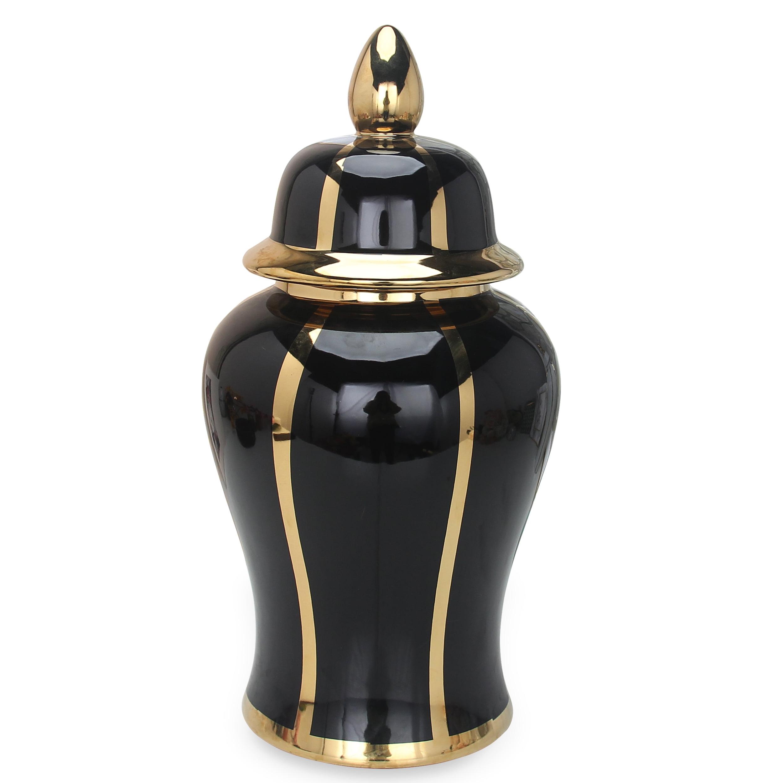 Regal Black and Gold 19.6" Ceramic Ginger Jar with Removable Lid