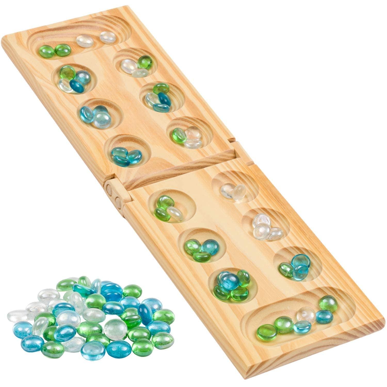 Foldable Wooden Mancala Board Game with Colorful Glass Stones