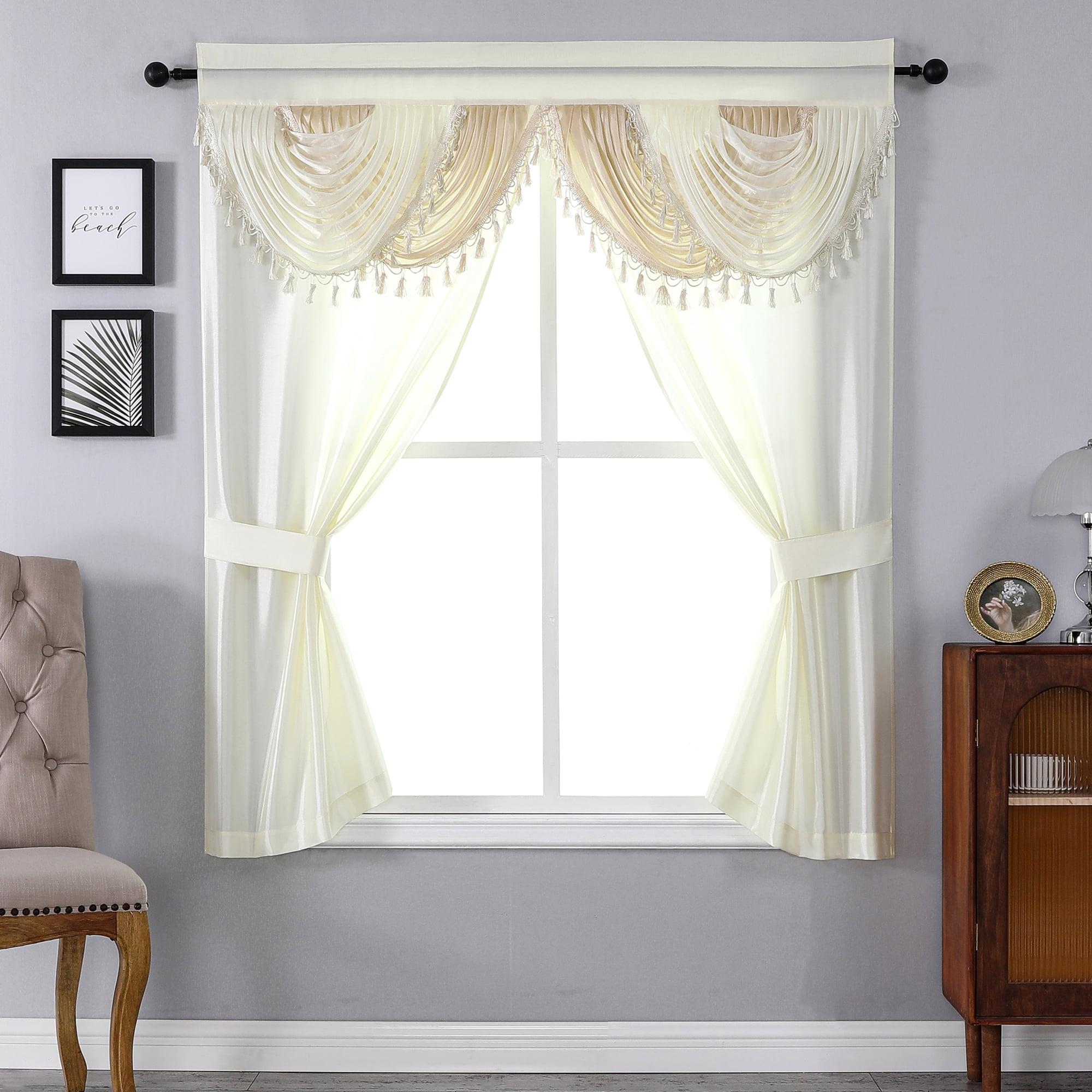 Regal Home Collections Amore Curtains 5-Piece Window Curtain Set - 54-Inch W x63-Inch L Panels with Attached Valance and 2 Tiebacks (Beige)