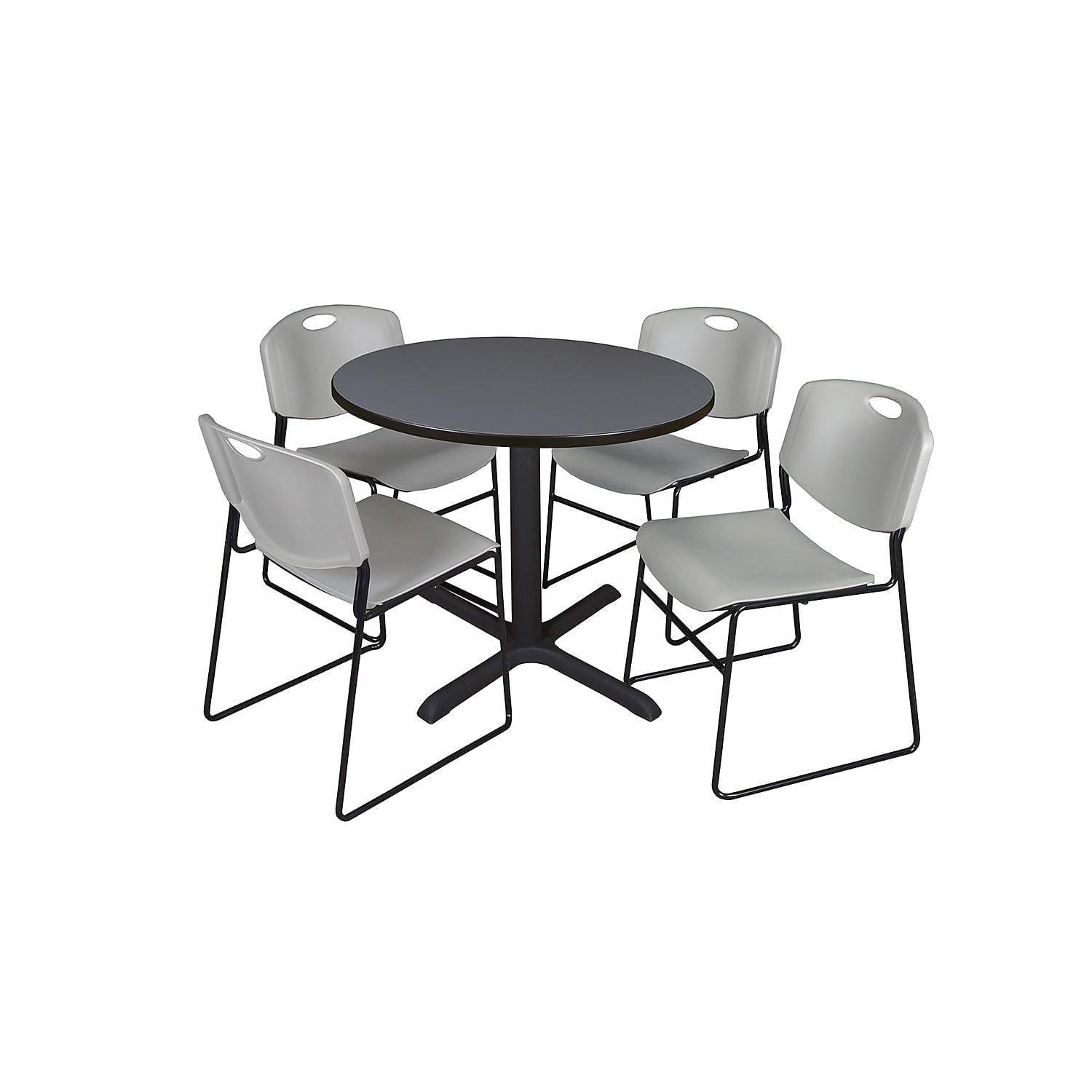 Regency Cain 42 in. Round X-Base Breakroom Table- Grey & 4 Zeng Stack Chairs- Grey