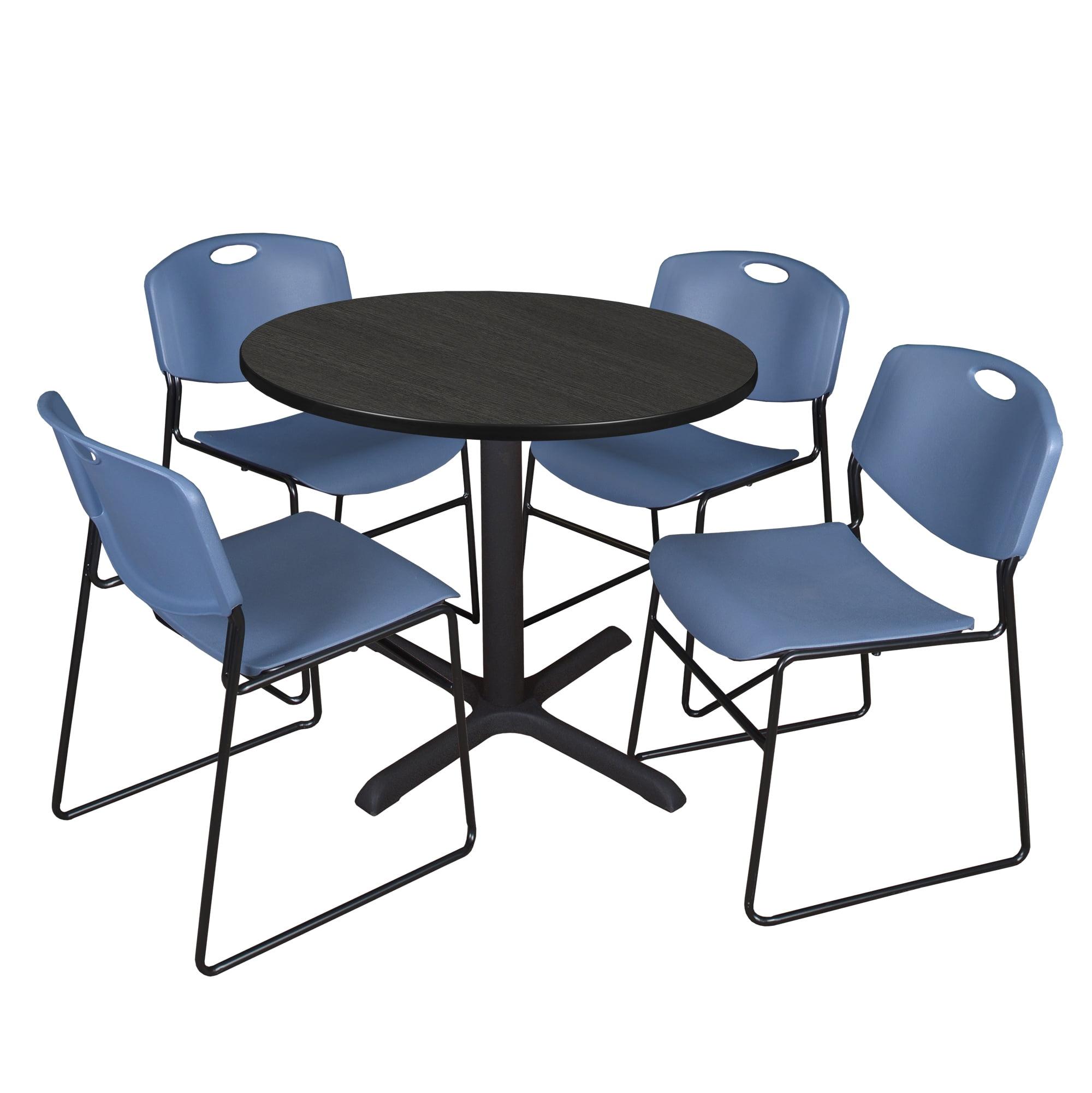 Ash Grey & Blue 36" Round Breakroom Table Set with 4 Zeng Stack Chairs