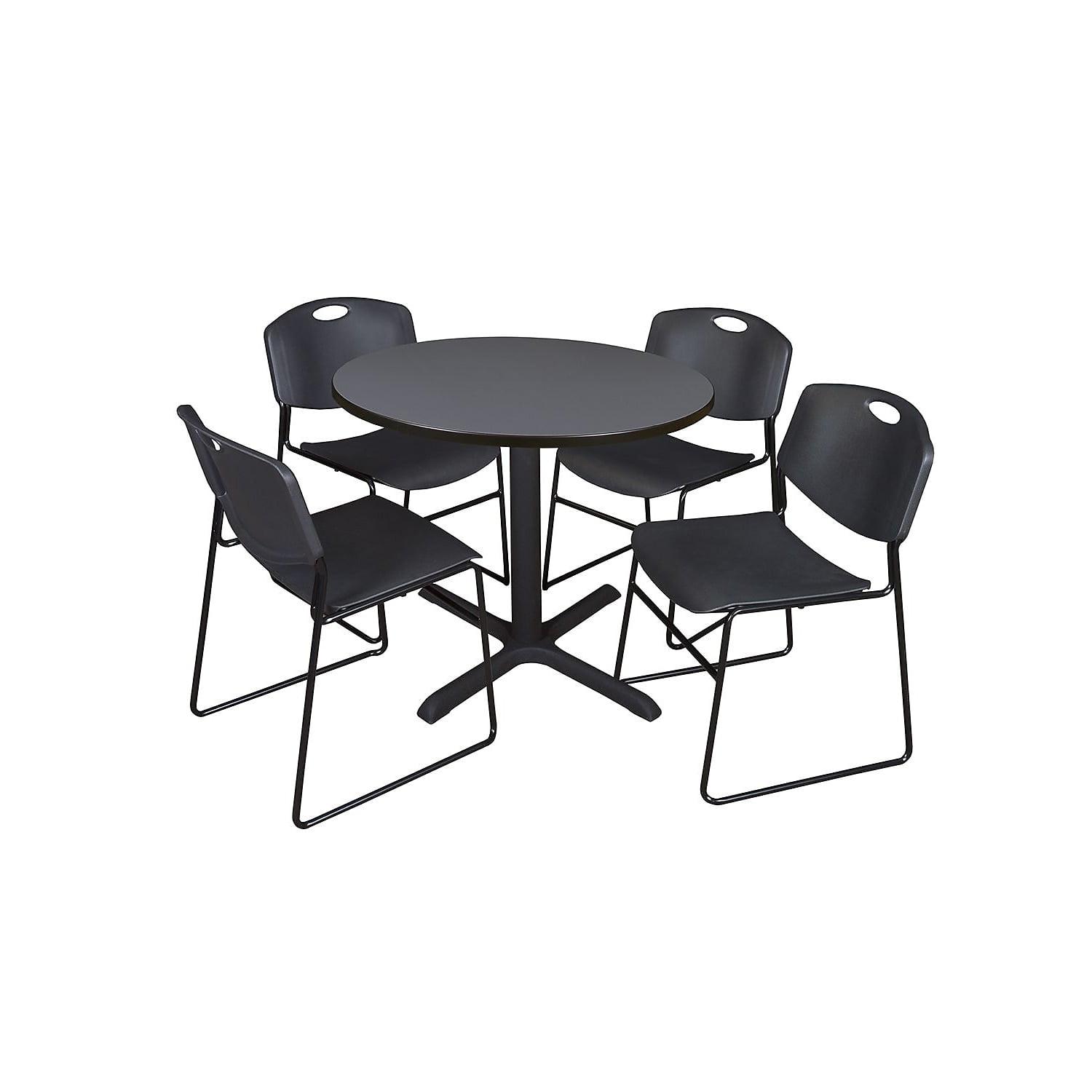 Contemporary 42" Round Grey Melamine Table & 4 Black Metal Chairs Set