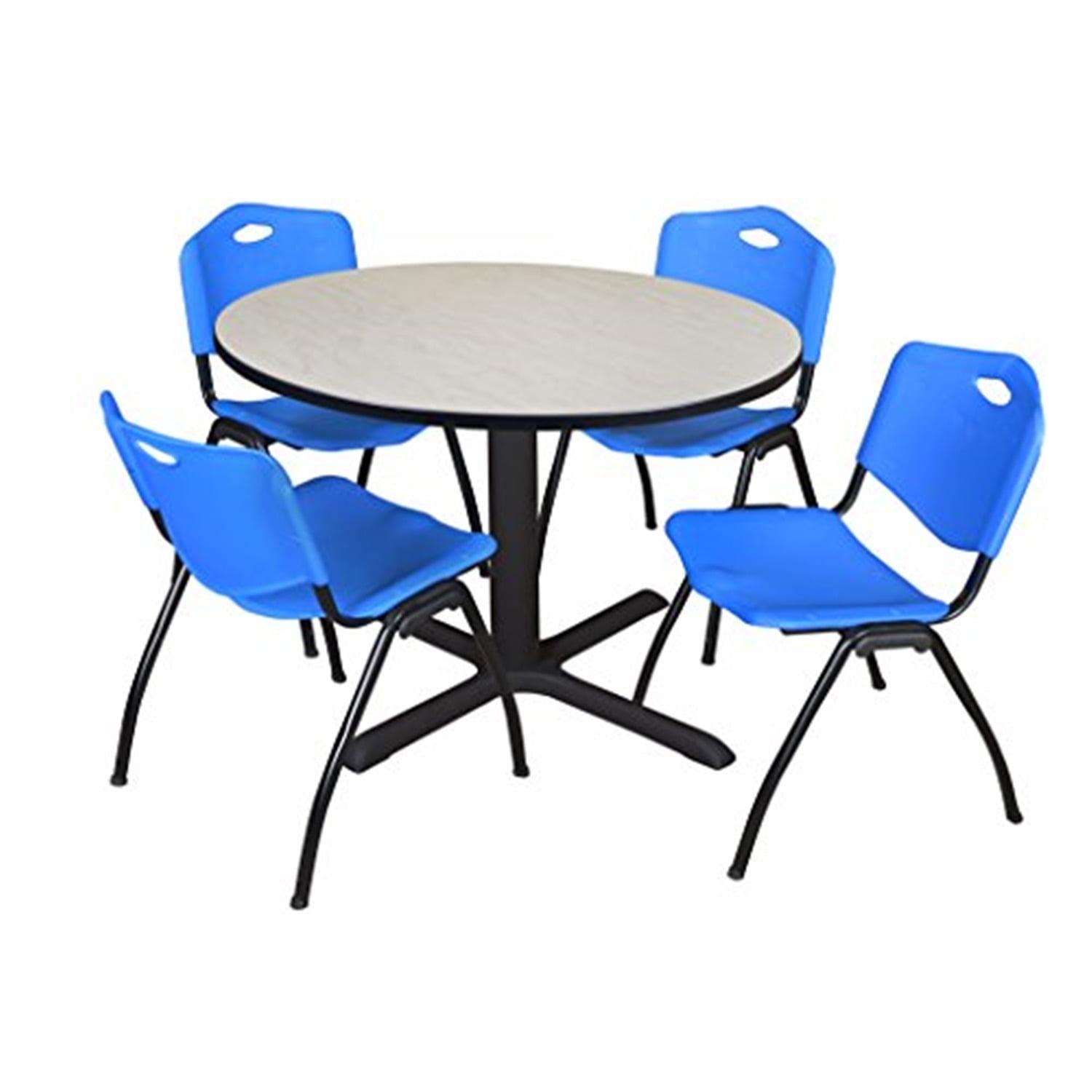 Cain 48" Round Maple Table with 4 Blue Steel Stack Chairs