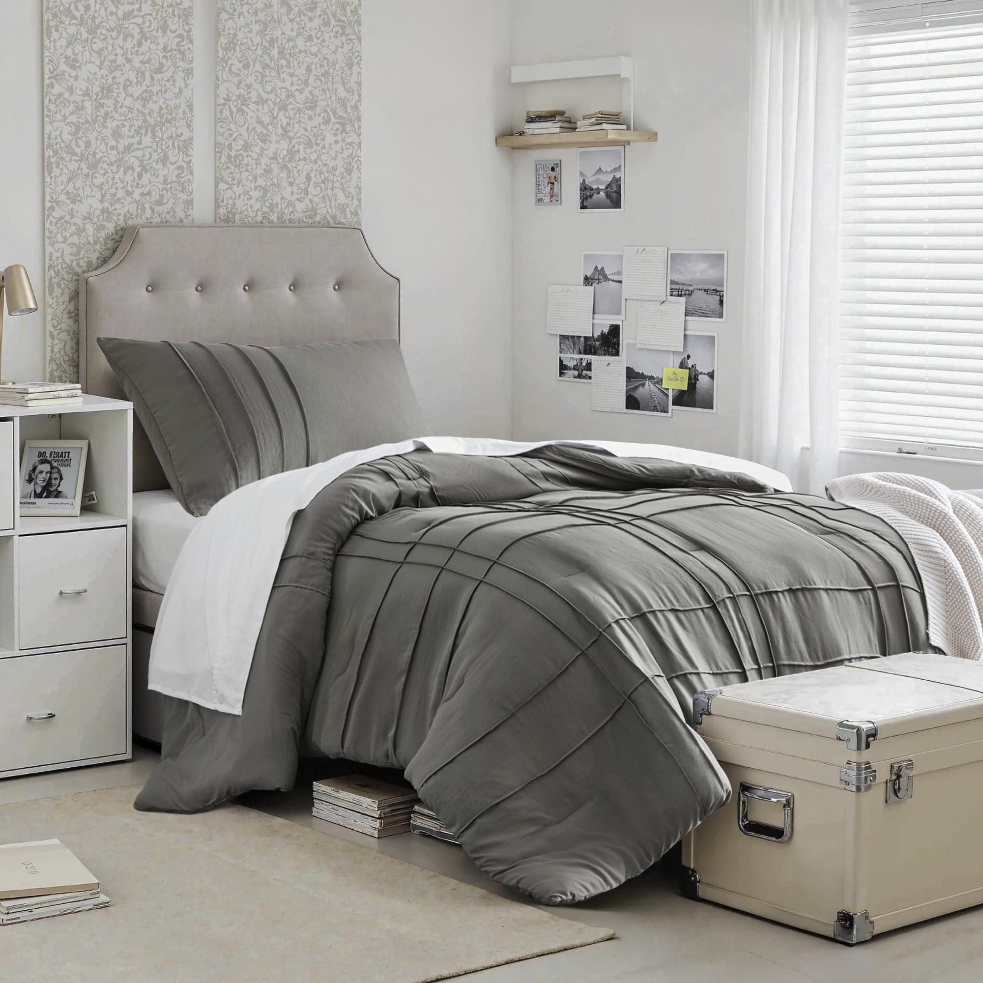 Regency Heights Twin/Twin XL Comforter Set, Boho 2-Piece Pintuck Stitching Dorm Bedding Set, Soft Washed Pleated Bed Sets with Pillow Sham Grey