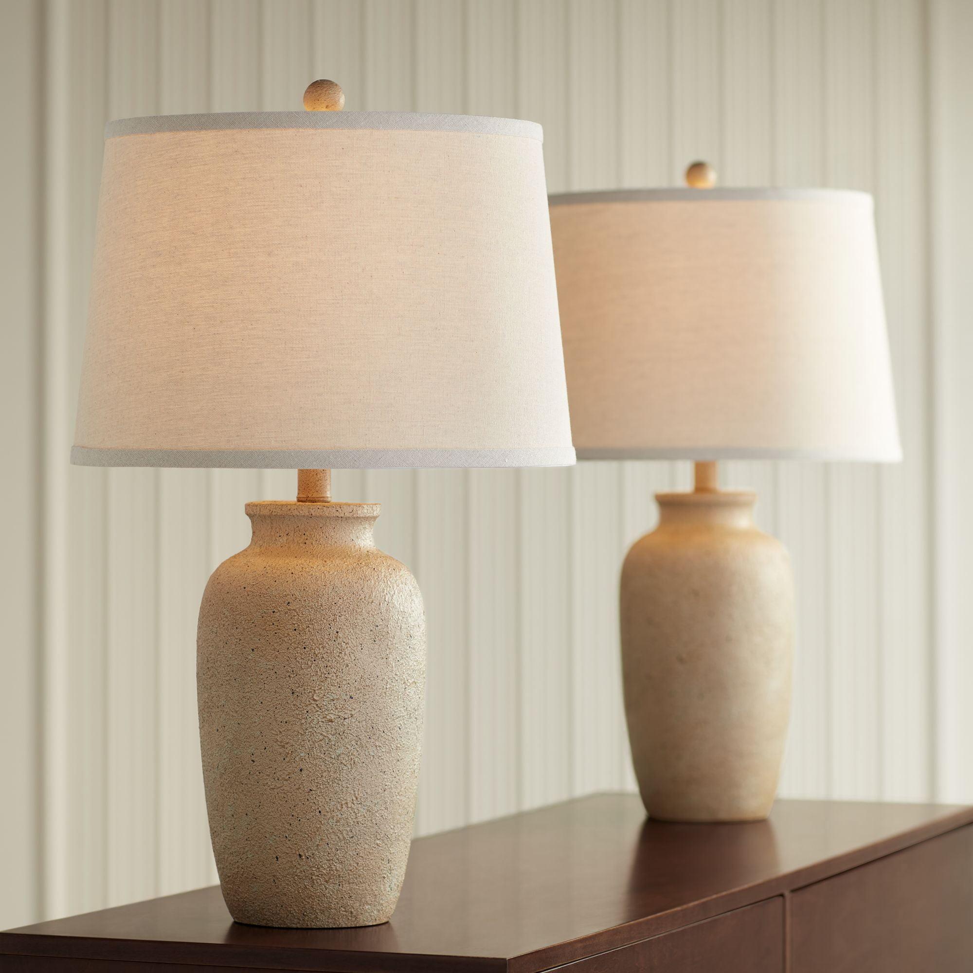 Rustic Beige Ceramic Table Lamps with Oatmeal Shades, Set of 2