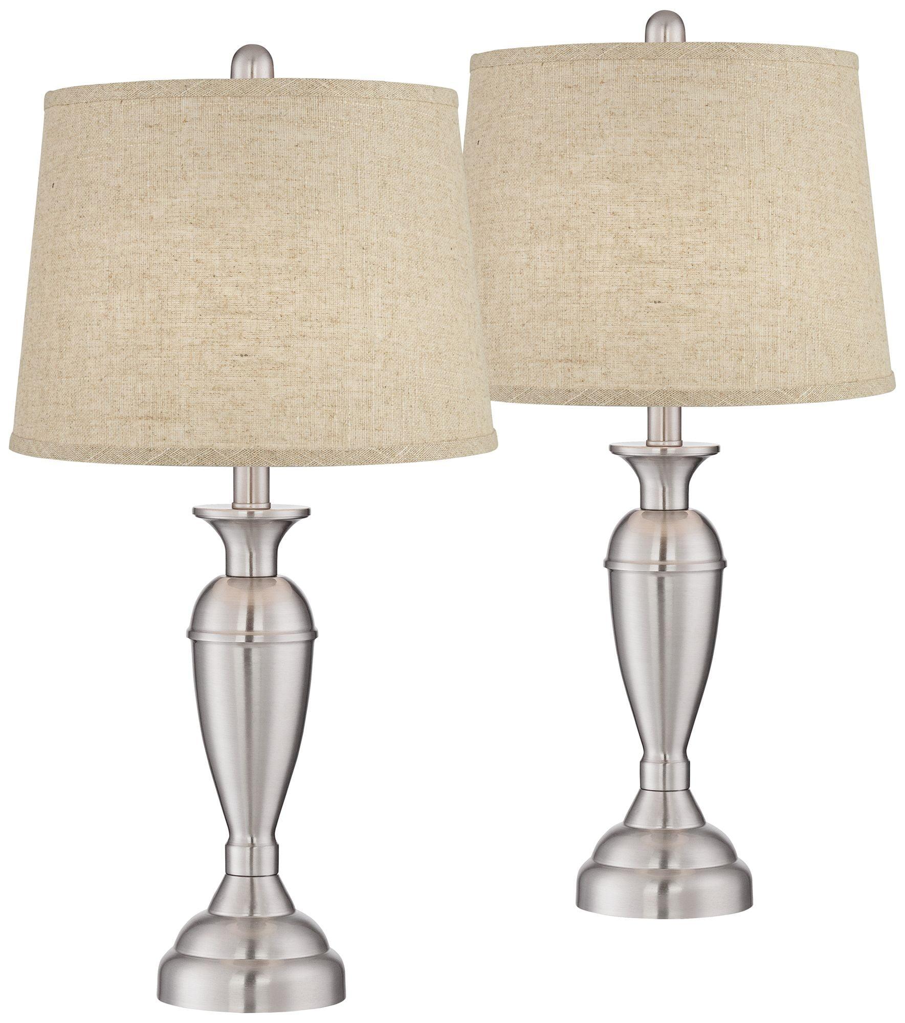 Brushed Nickel Table Lamps with Burlap Drum Shades, Set of 2