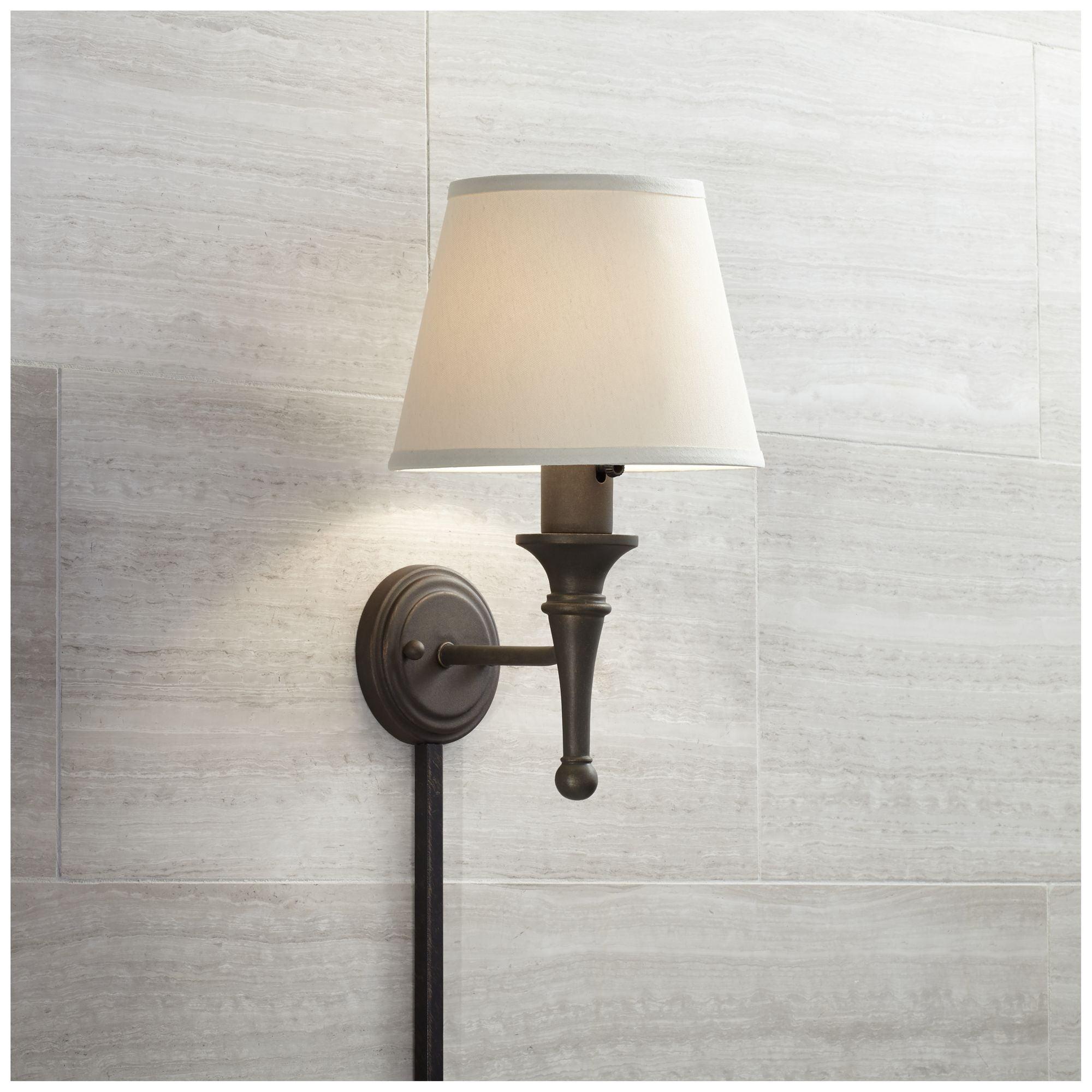 Bronze Plug-In Wall Sconce with Ivory Cotton Shade