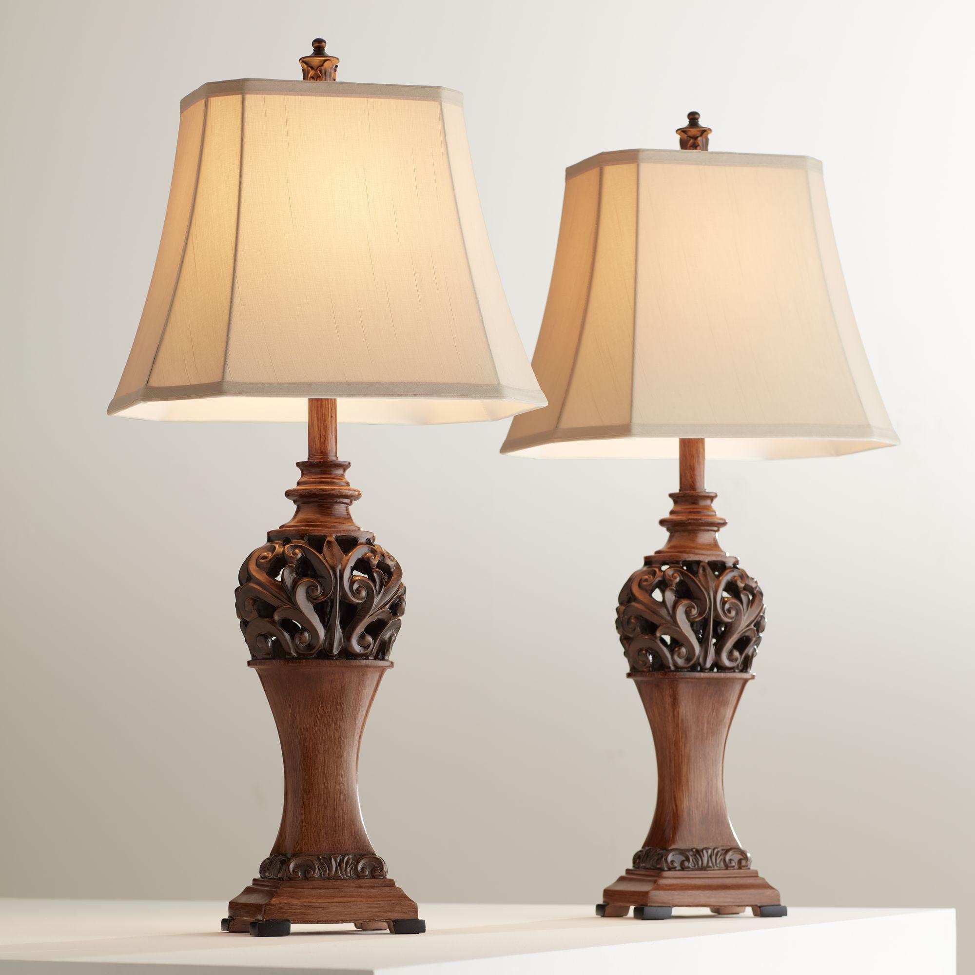 Regency Hill Exeter Traditional Table Lamps 30" Tall Set of 2 Bronze Wood Carved Leaf Cream Rectangular Bell Shade for Bedroom Living Room Bedside