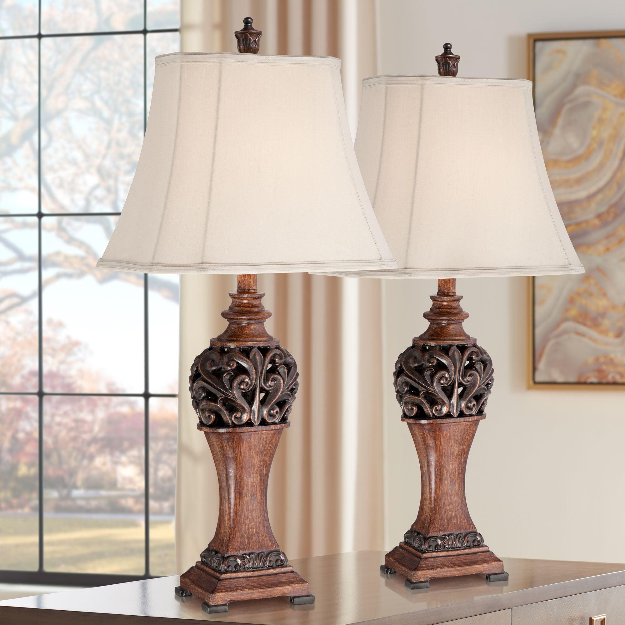 Exeter Bronze Wood-Tone Traditional Table Lamp Set with Creme Shade