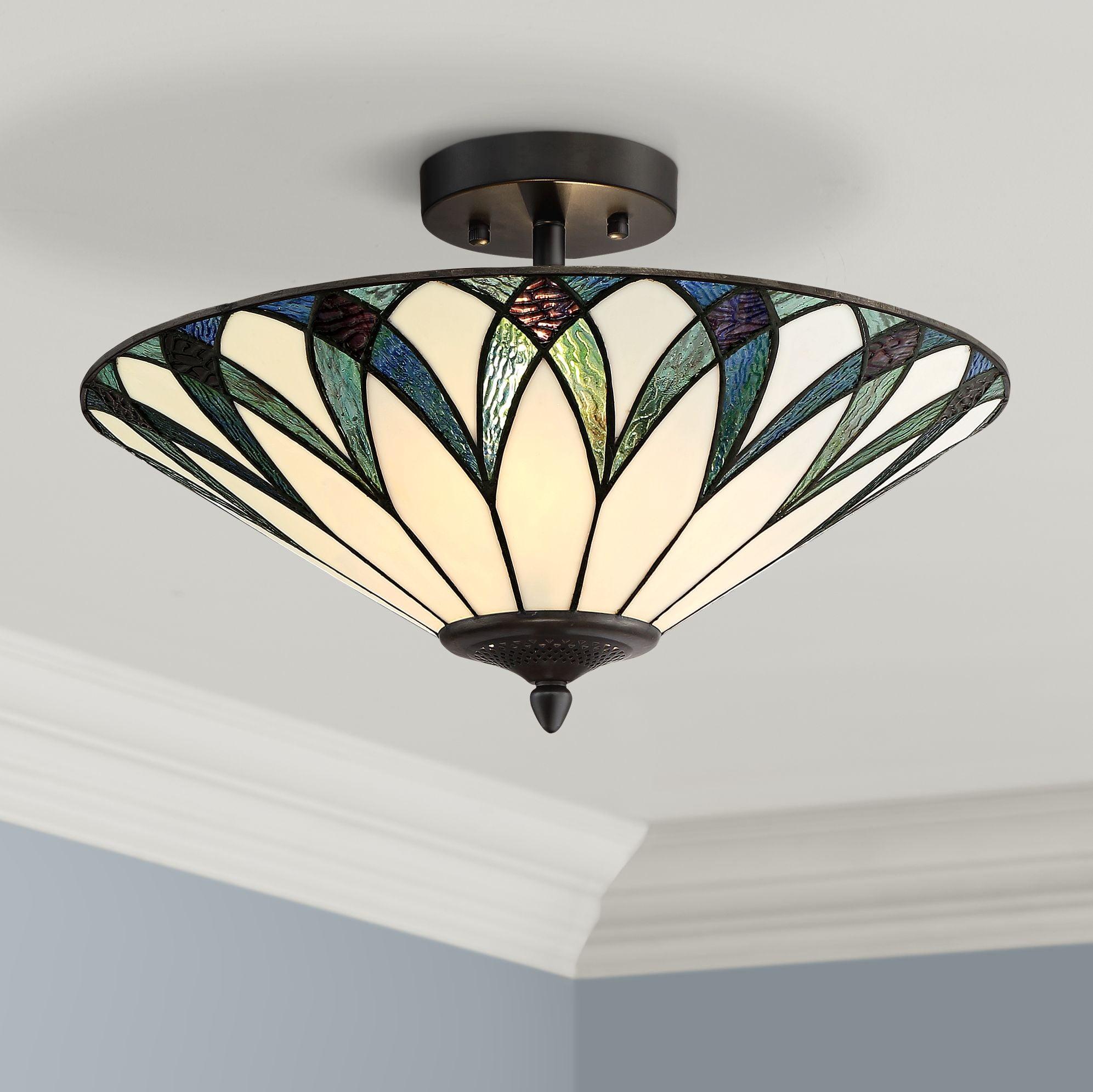 20" Bronze and Glass Tiffany Style Semi-Flush Mount Ceiling Light