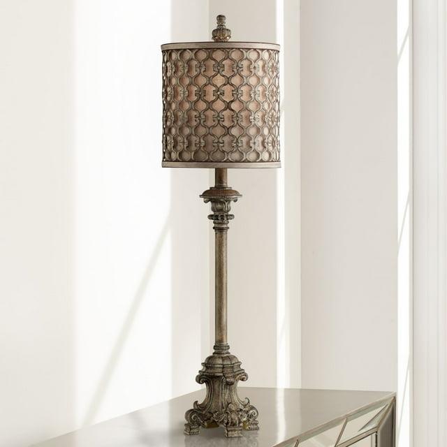 Regency Hill French Buffet Table Lamp Beige Scroll Metal Lattice Candlestick Framed Cylinder Shade for Dining Room
