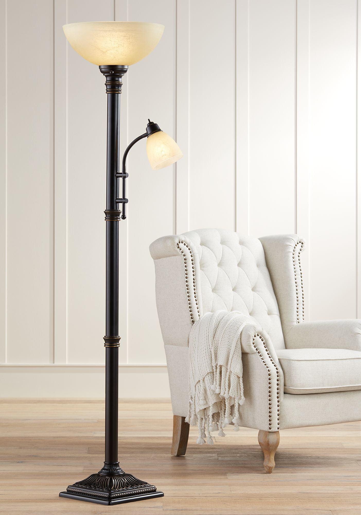 Bronze Adjustable Torchiere Floor Lamp with Amber Glass Shades