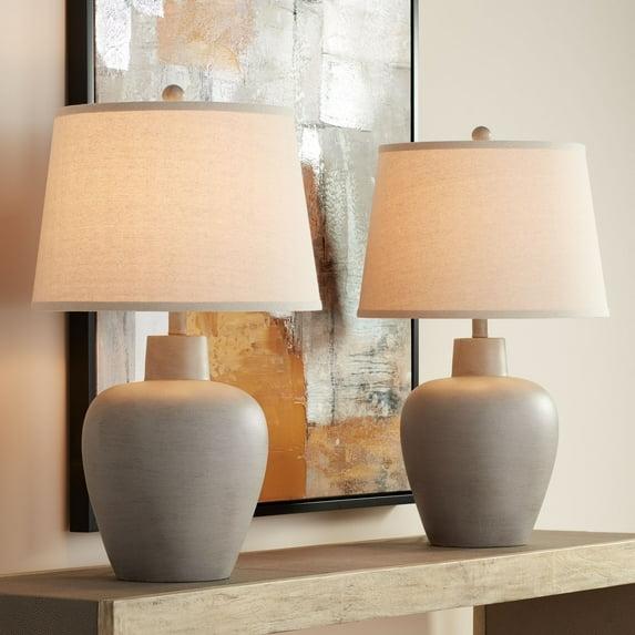 Regency Hill Glenn Rustic Country Cottage Table Lamps 27" Tall Set of 2 Brushed Gray Terra Cotta Beige Fabric Shade for Bedroom Living Room Nightstand