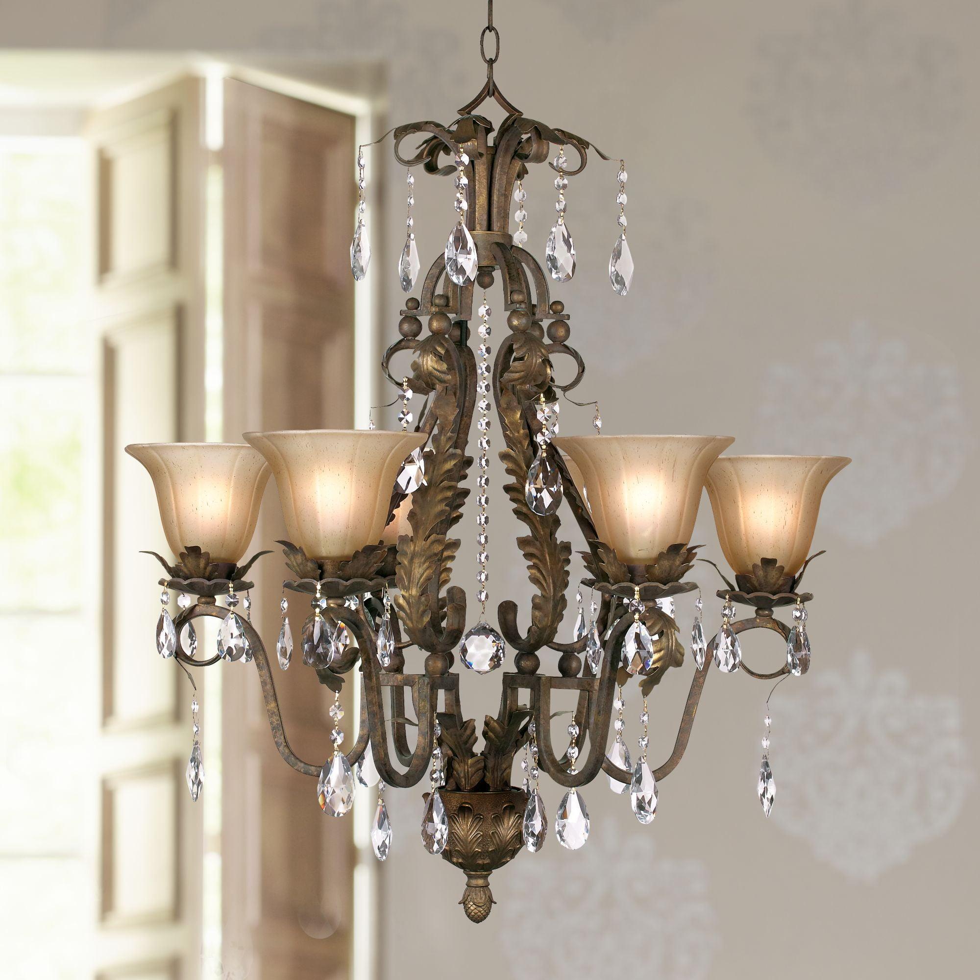 Regency Hill Iron Leaf Roman Bronze Chandelier 29" Wide French Rustic Crystal Cream Glass 6-Light Fixture for Dining Room House Foyer Kitchen Island