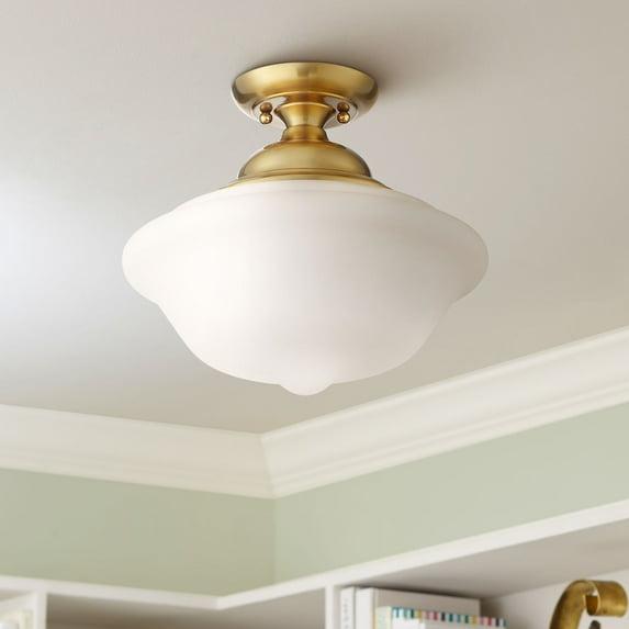 Regency Hill Modern Ceiling Light Semi Flush Mount Fixture 12 3/4" Wide Soft Gold White Glass Shade for Bedroom Kitchen Schoolhouse