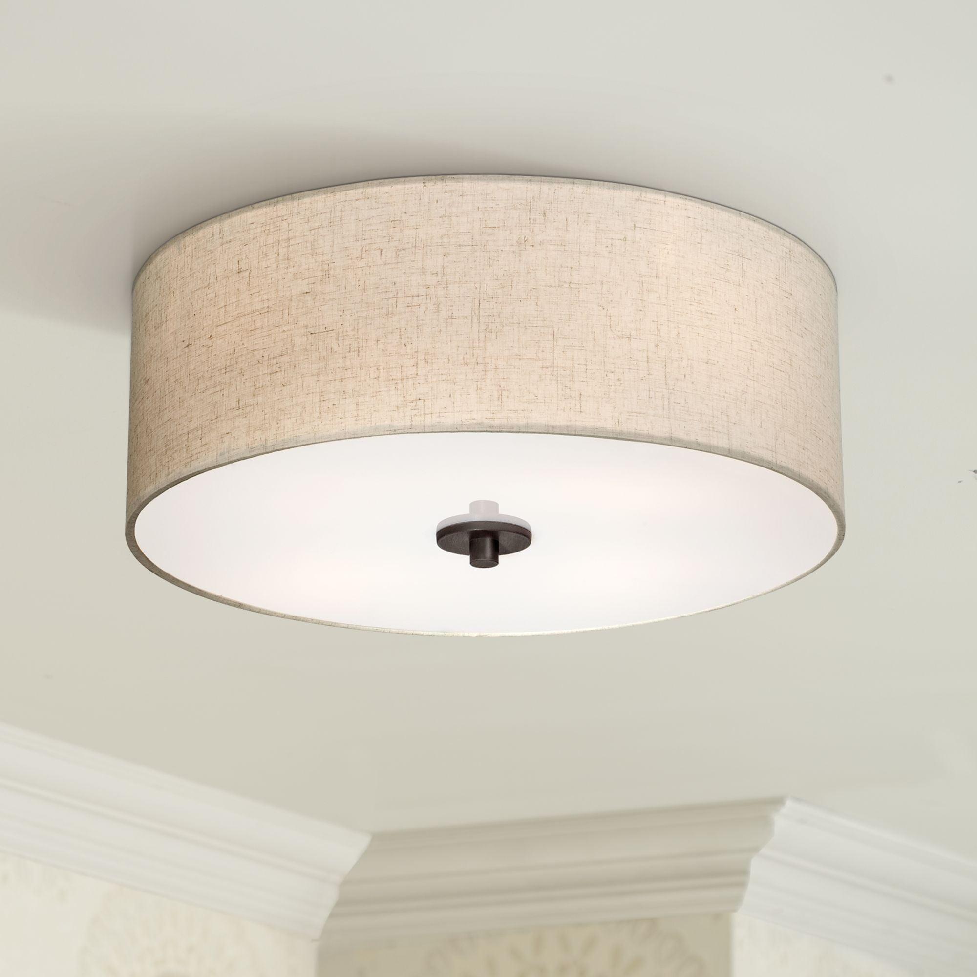 Bronze Flush Mount Ceiling Light with Oatmeal Drum Shade