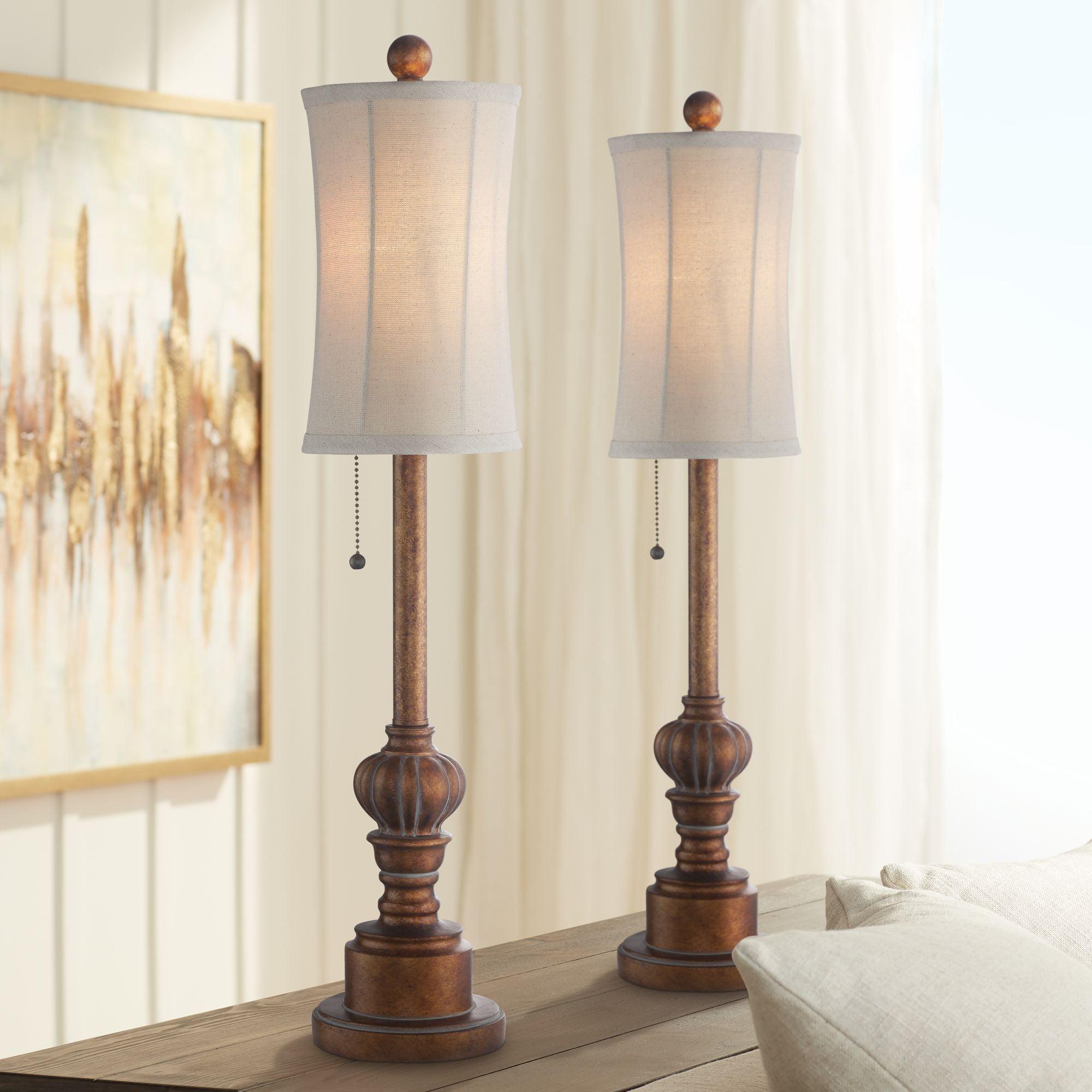 Regency Hill Traditional Buffet Table Lamps 28" Tall Set of 2 Warm Brown Wood Tone Fabric Drum Shade for Dining Room