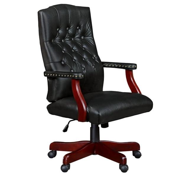 Regency Ivy League Swivel Chair Black: Mid-Century Modern Executive, Padded Leather, Ergonomic with Fixed Arms