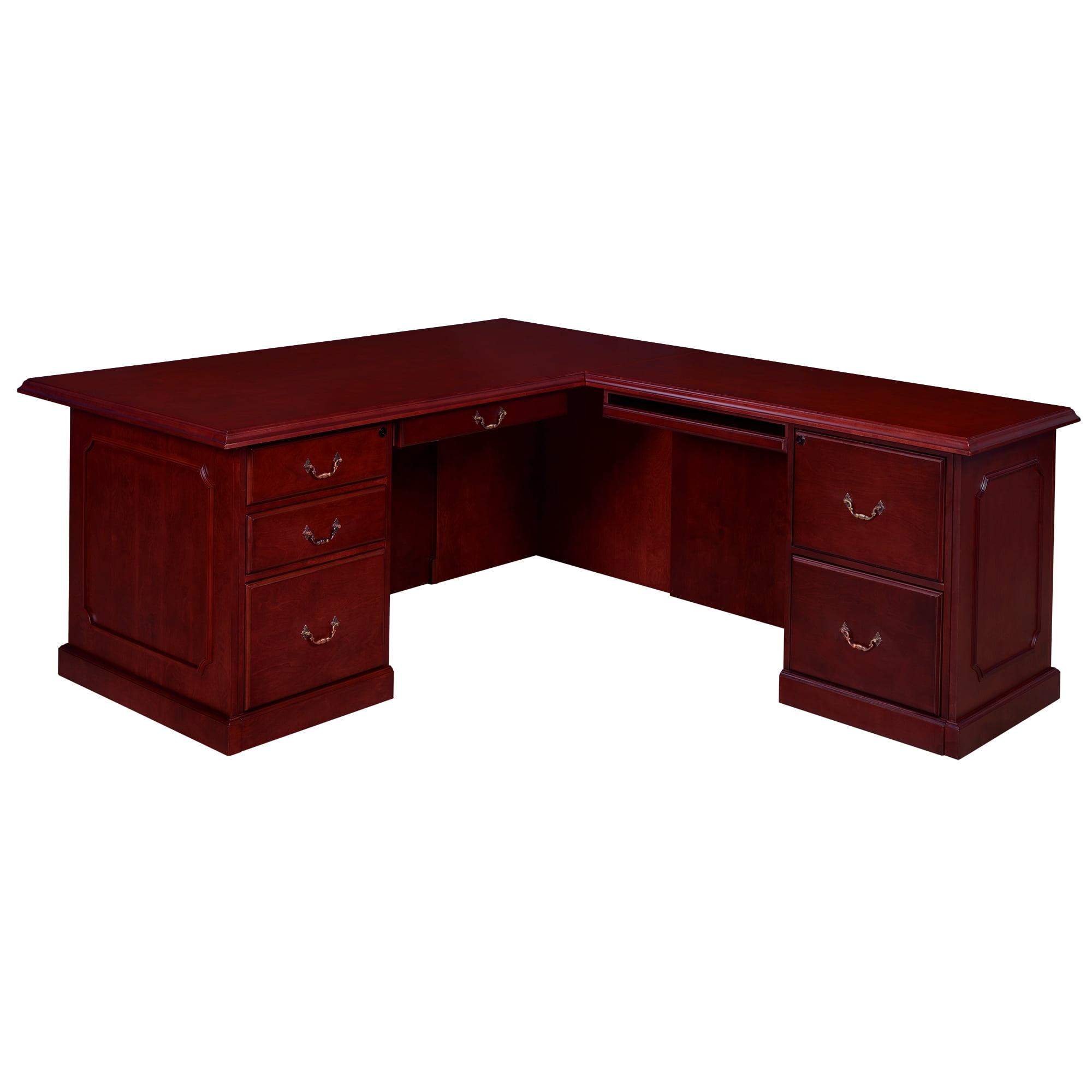 Executive Mahogany Brown Wood L-Shaped Desk with Brass Handles