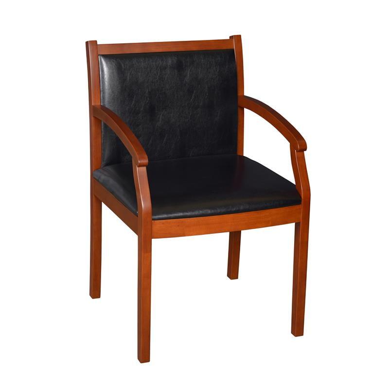 Cherry Wood and Black Vinyl Upholstered Side Chair