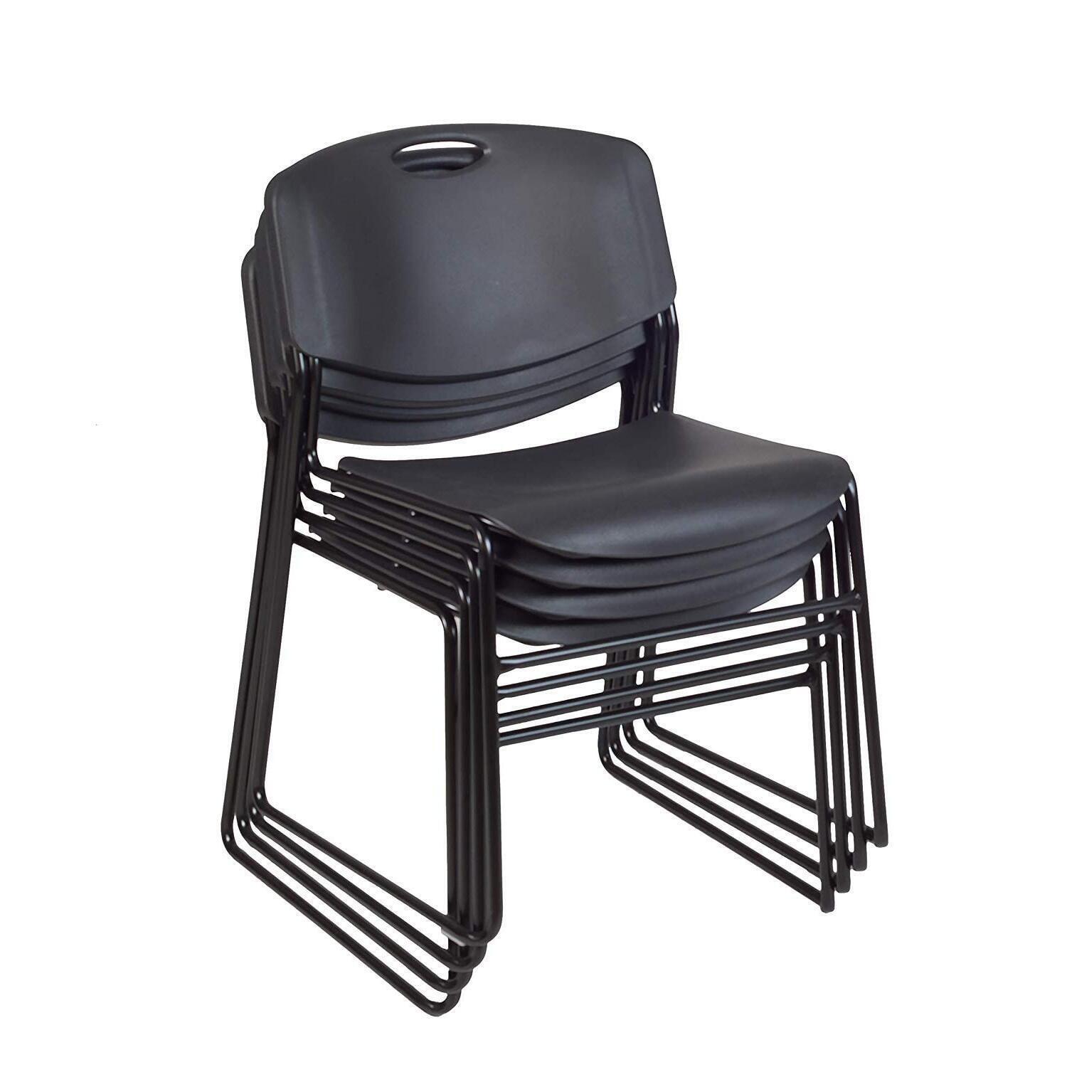 Black Metal Armless Stacking Chairs with Leather Seats, Set of 4