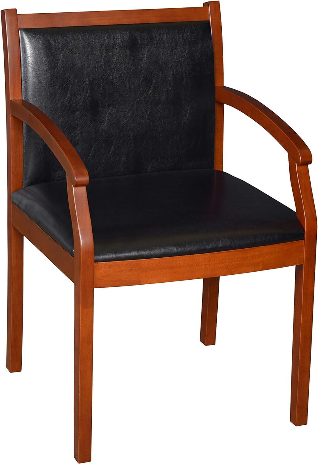 Cherry Wood and Black Vinyl Upholstered Side Chair