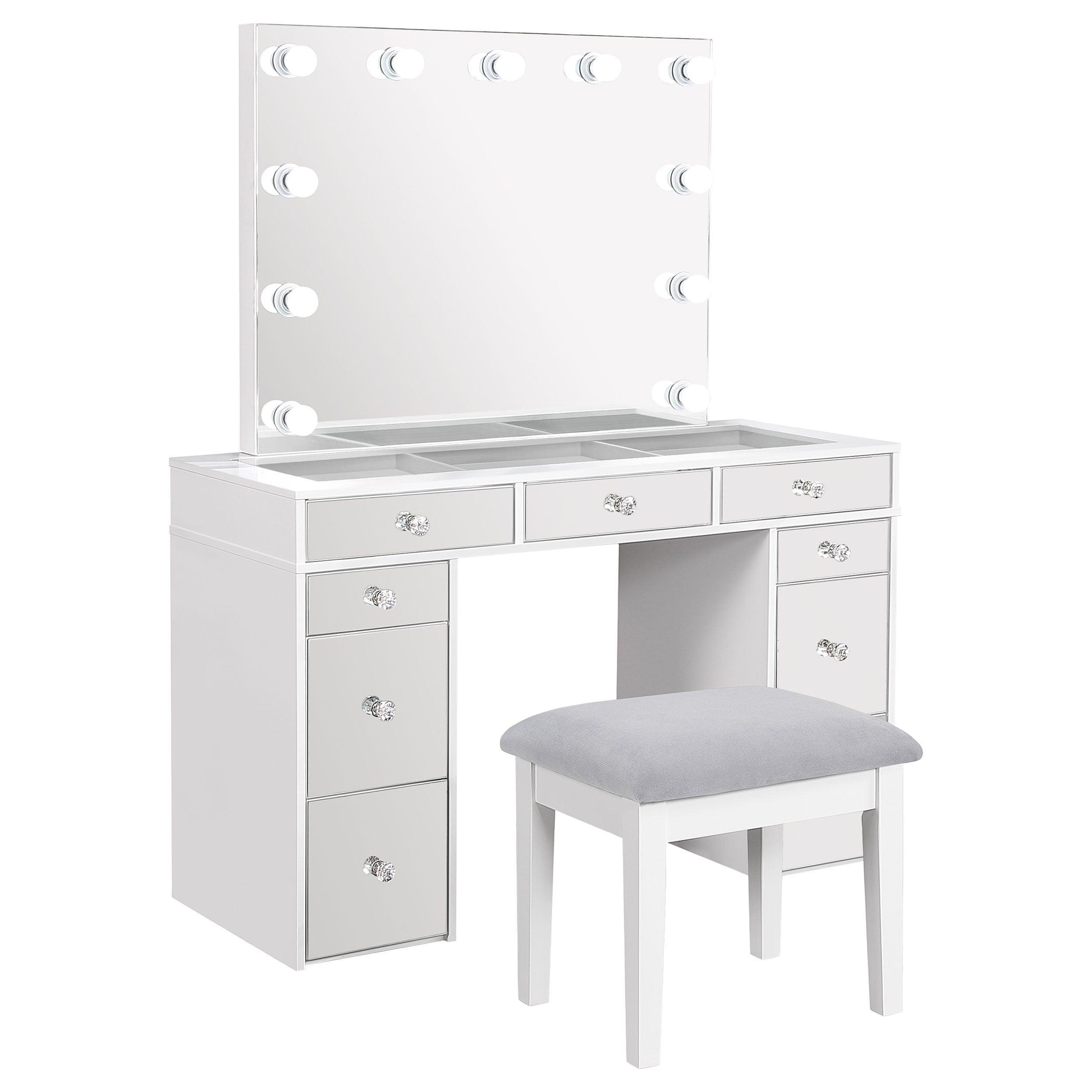 White and Gray Vanity Set with Lighted Mirror and Bench