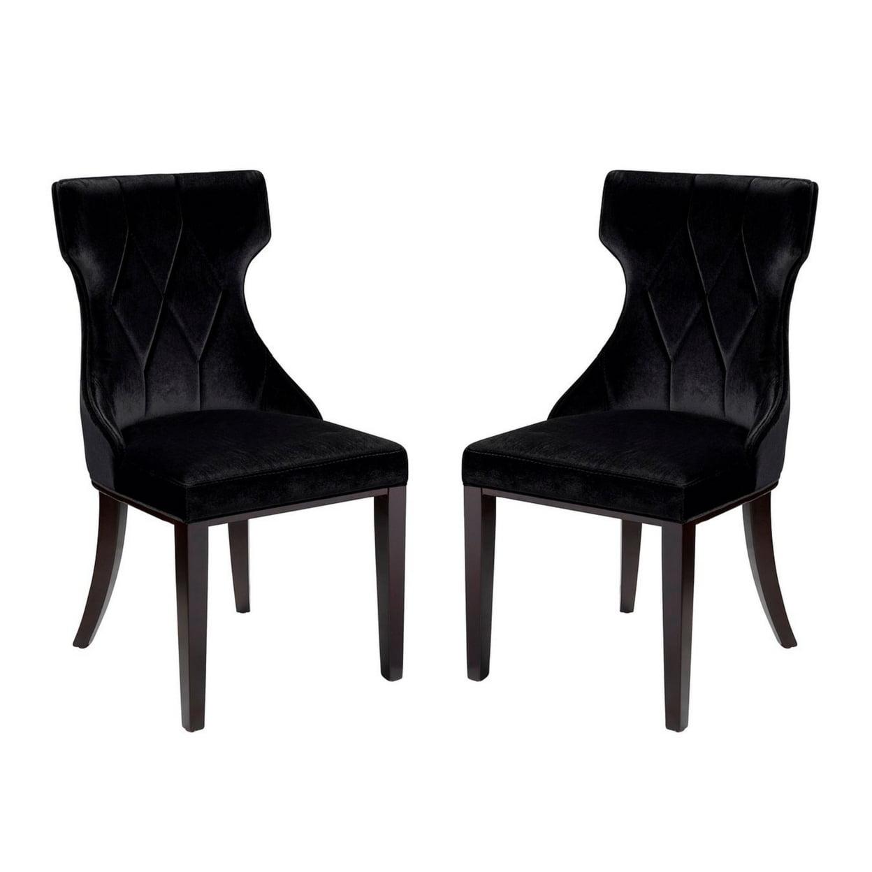 Luxurious Black Velvet and Walnut Wing-Back Dining Chairs, Set of 2