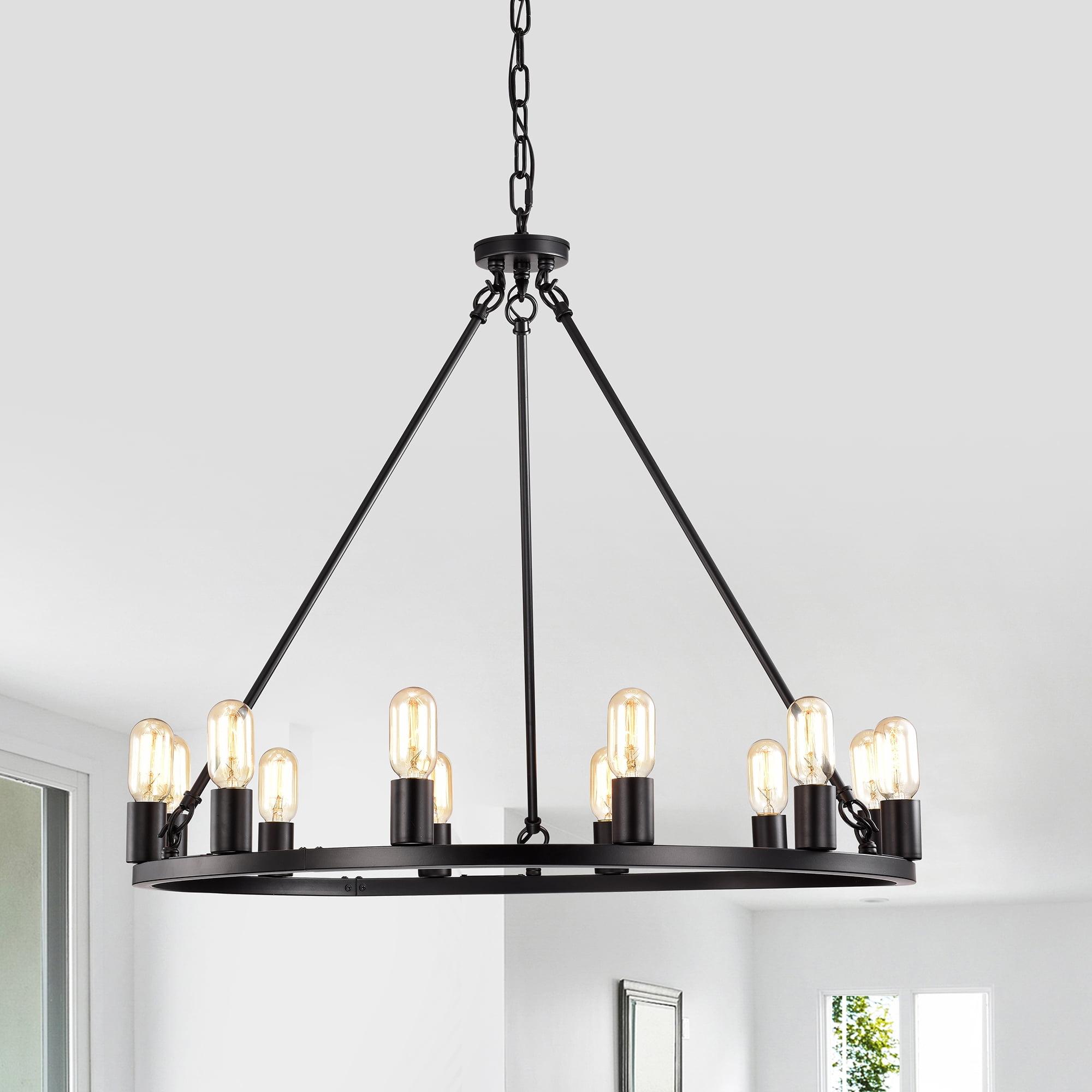 Black Metal 12-Light Round Wagon Wheel Chandelier